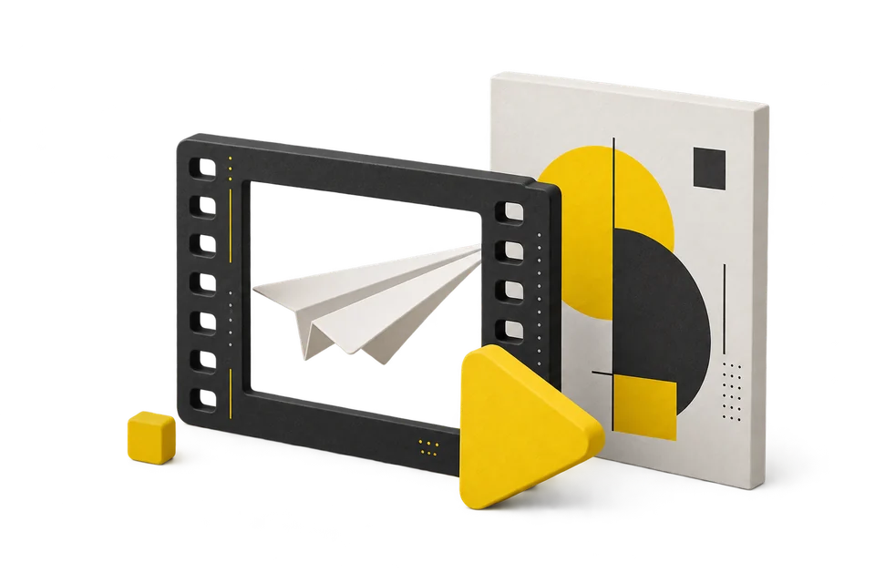 A minimal three-dimensional illustration of campaign and editorial content in charcoal, white and yellow.