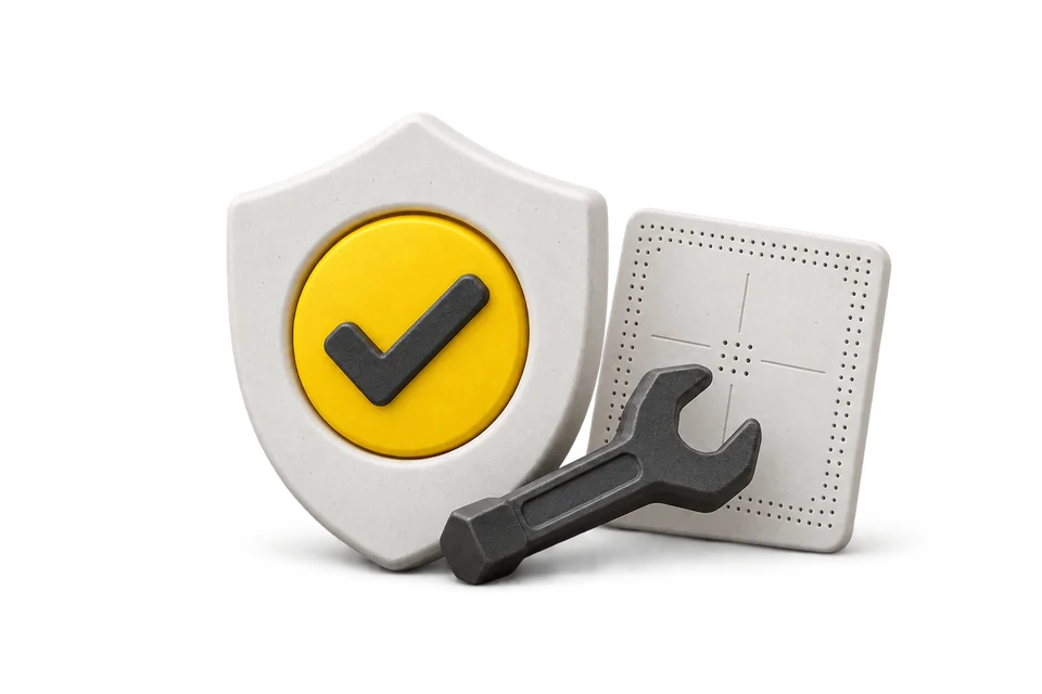A minimal three-dimensional illustration of care and quality in charcoal, white and yellow.