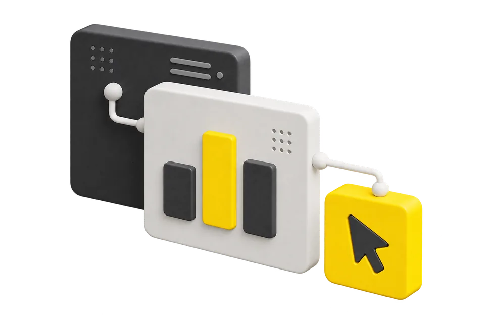 A minimal three-dimensional illustration of connected product-interface panels, a chart and a cursor in charcoal, white and yellow.