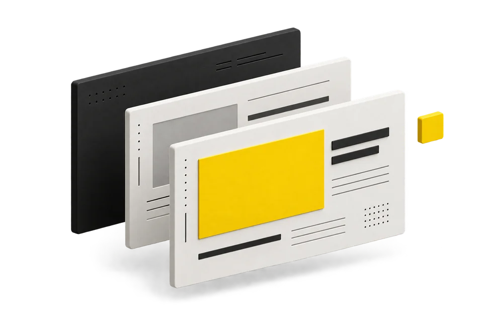 A minimal three-dimensional illustration of layered website surfaces in charcoal, white and yellow.