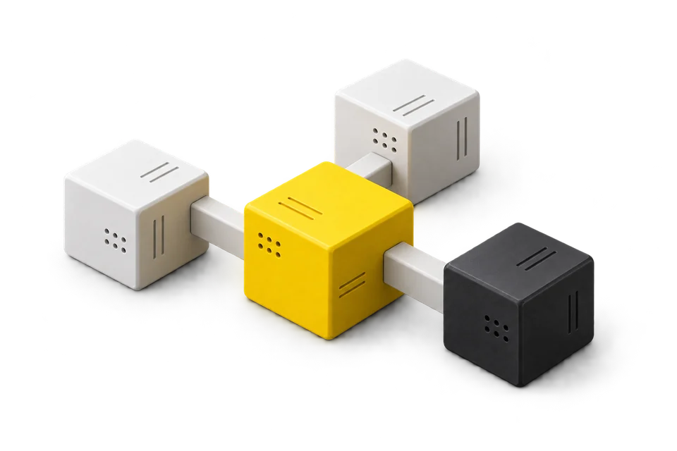A minimal three-dimensional illustration of connected workflow modules in charcoal, white and yellow.