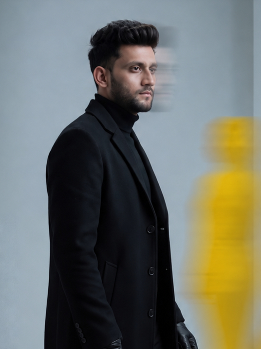 Danish wearing a black coat in side profile, with a blurred yellow figure in the background