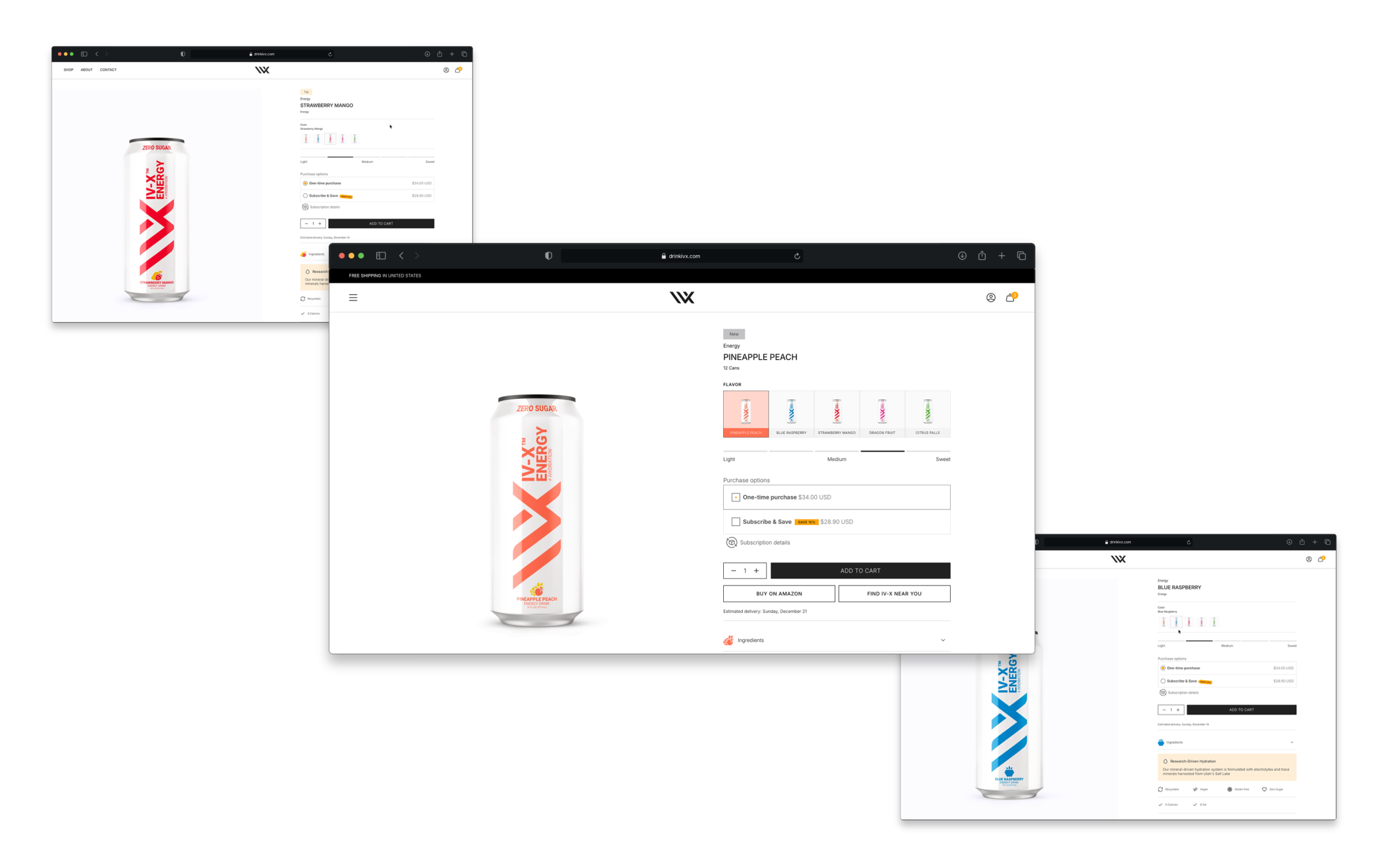 DRINK IV-X product pages with Pineapple Peach selected in the central mockup, alongside Strawberry Mango and Blue Raspberry.