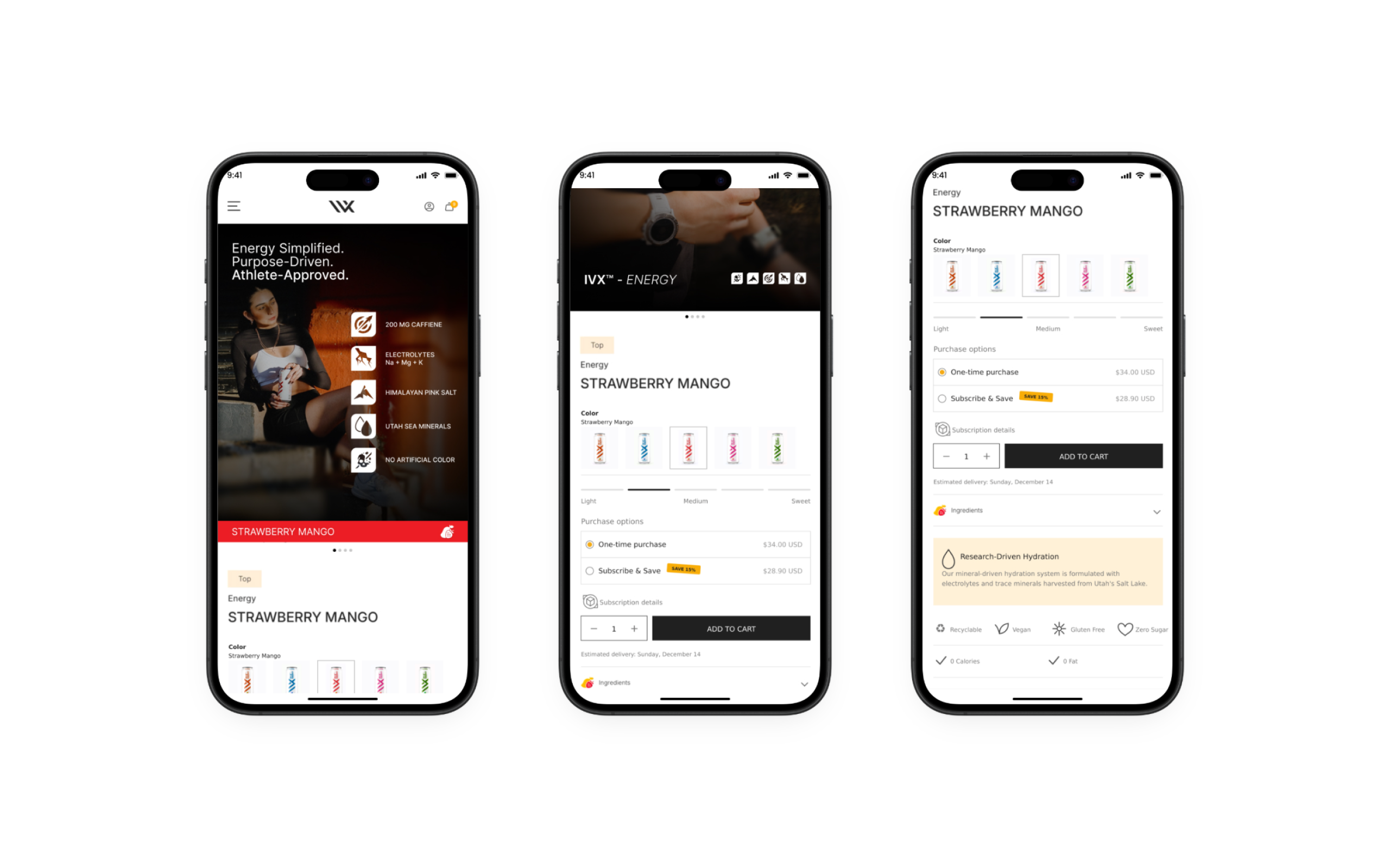 Three DRINK IV-X mobile product screens showing Strawberry Mango imagery, flavour selection, a sweetness scale and one-time or subscription purchase options.