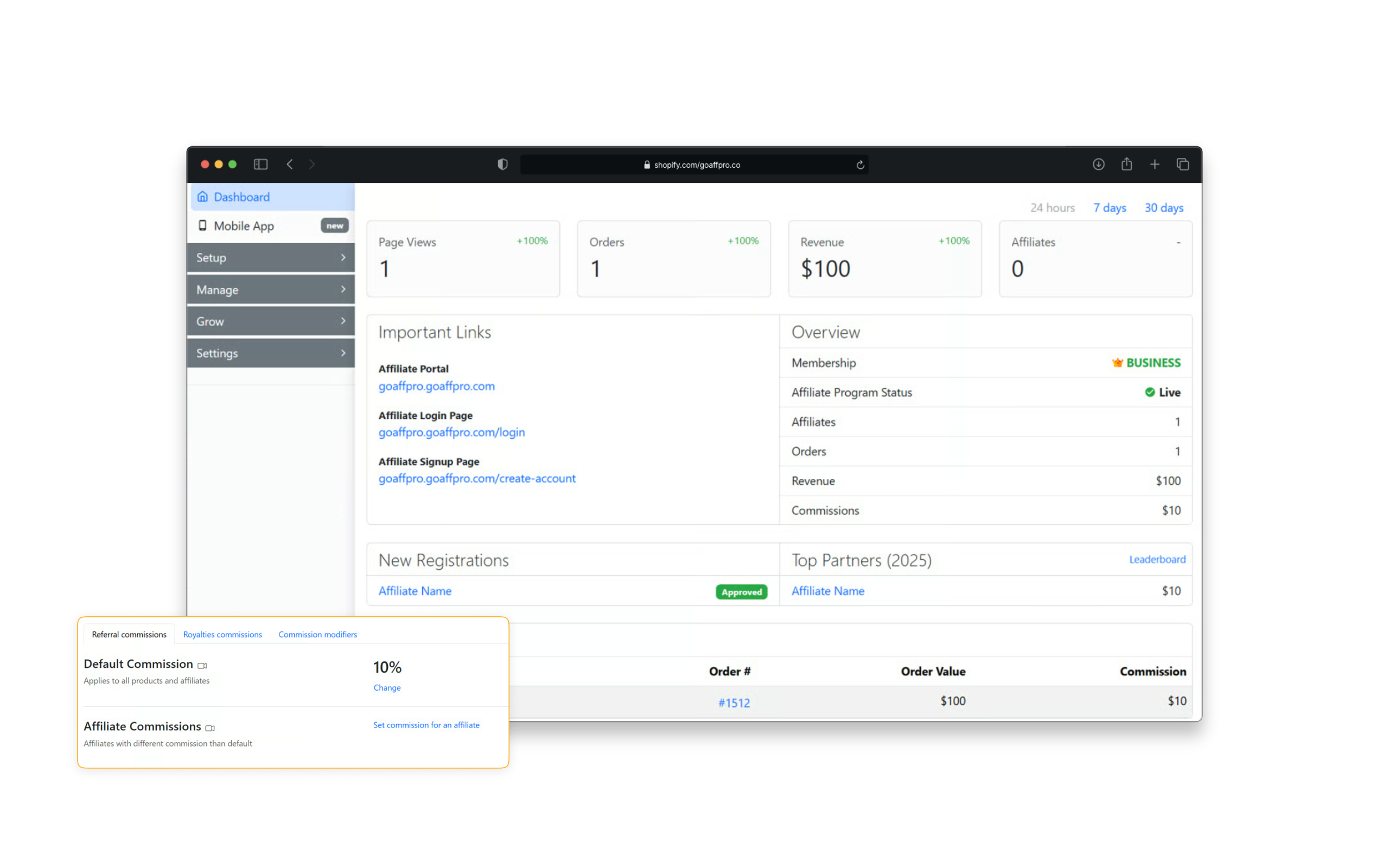 GoAffPro administration dashboard and referral commission settings for managing the affiliate programme.
