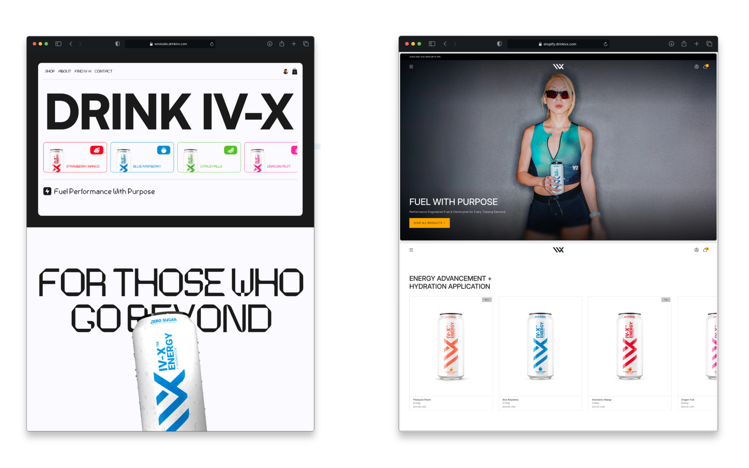 DRINK IV-X storefront comparison with the Wix Studio site on the left and the Shopify site on the right.