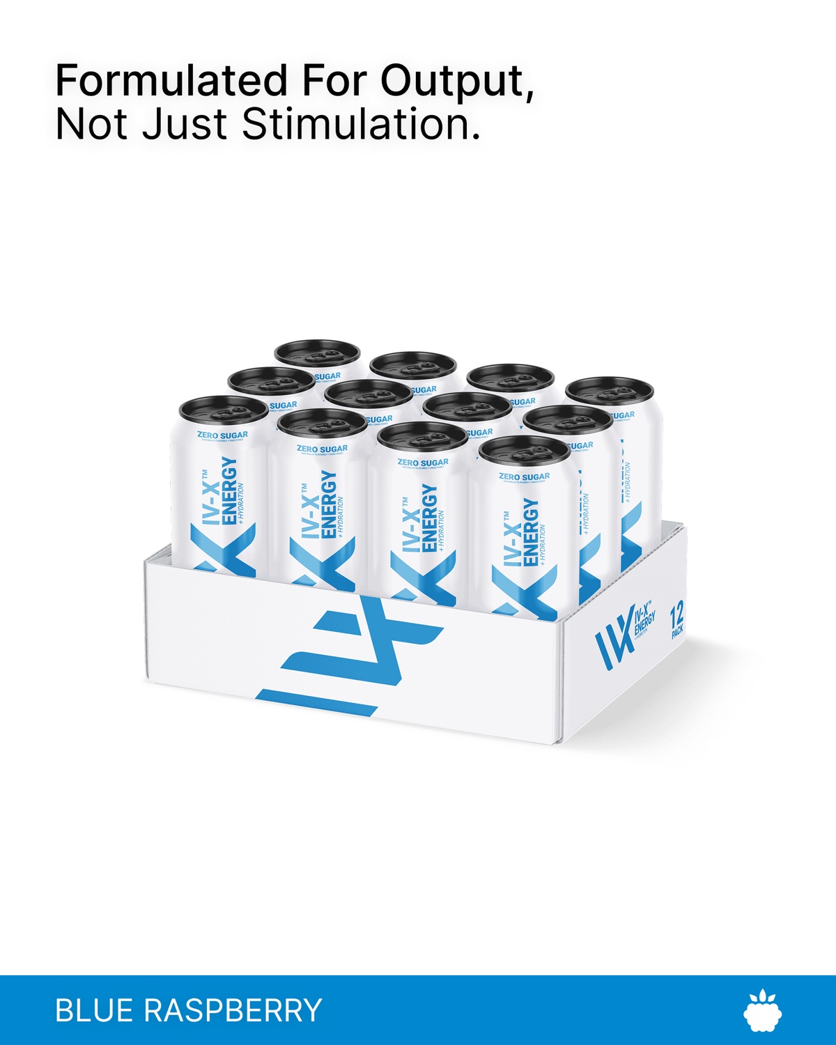 DRINK IV-X product-page design featuring a Blue Raspberry case pack and blue flavour branding.