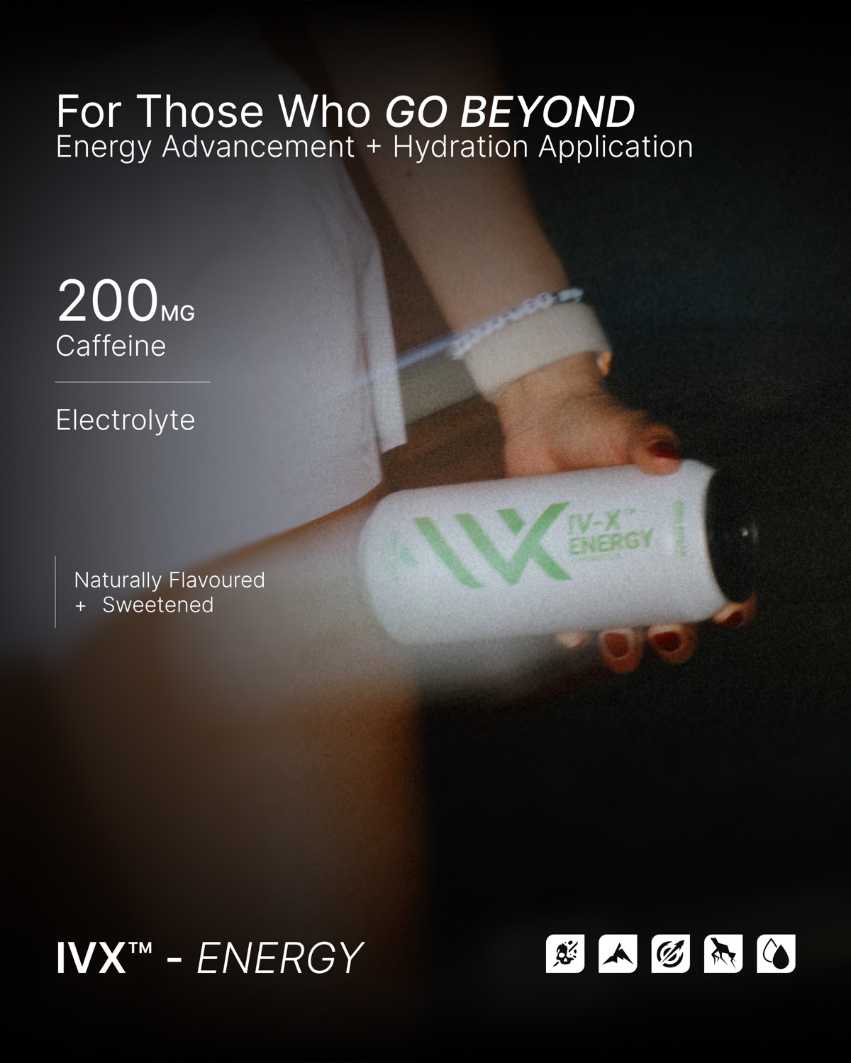 DRINK IV-X product-page design featuring a hand holding a green Citrus Falls can.