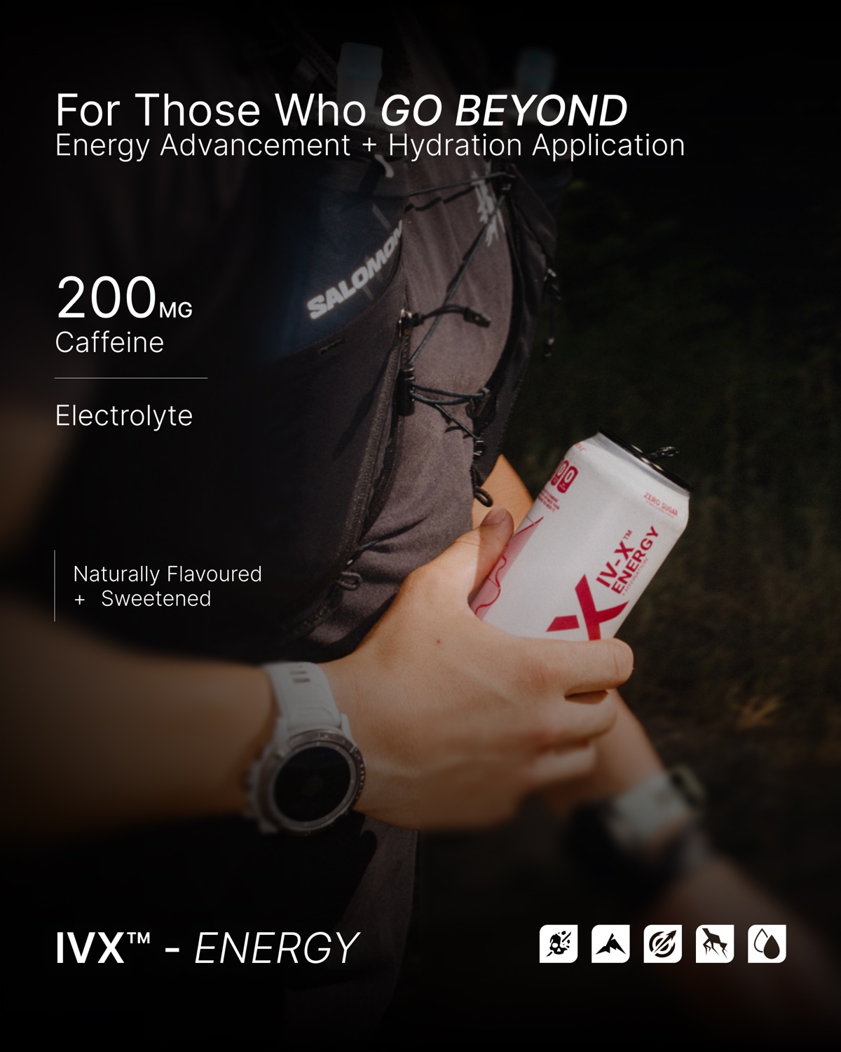 DRINK IV-X product-page design featuring a runner holding an energy drink can.