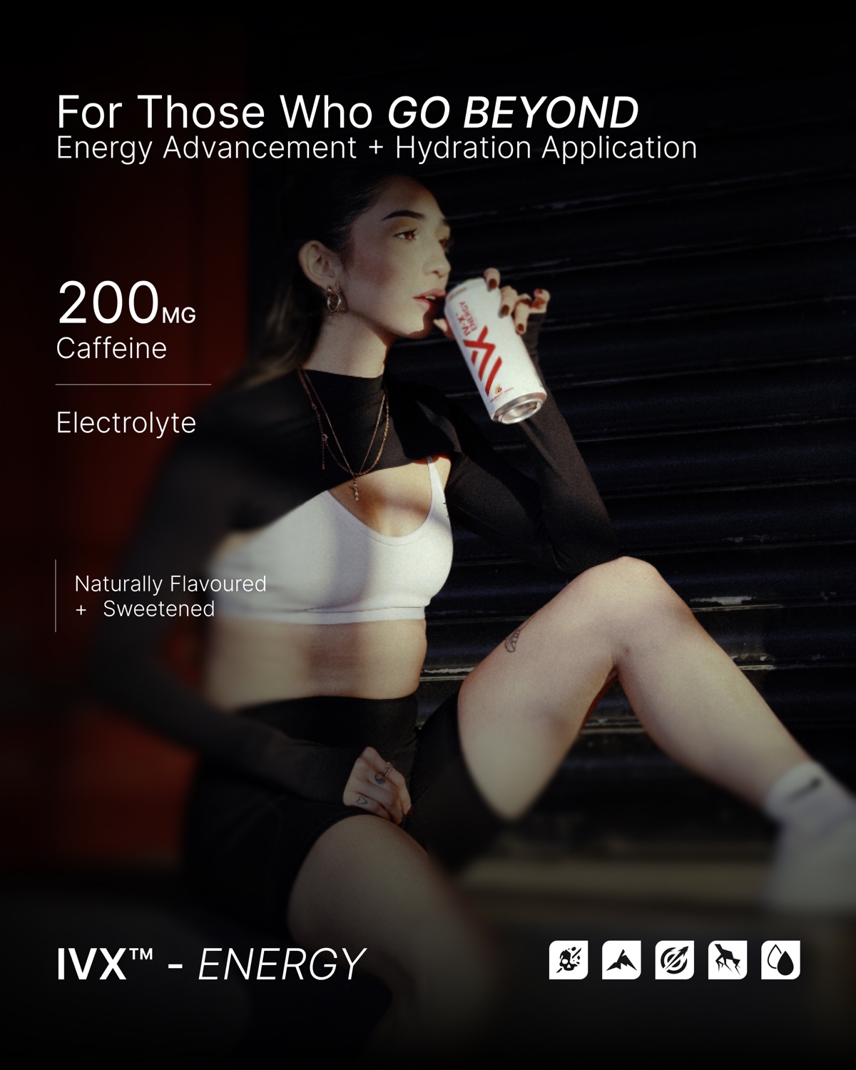 DRINK IV-X product-page design featuring a seated woman lifting an energy drink can.