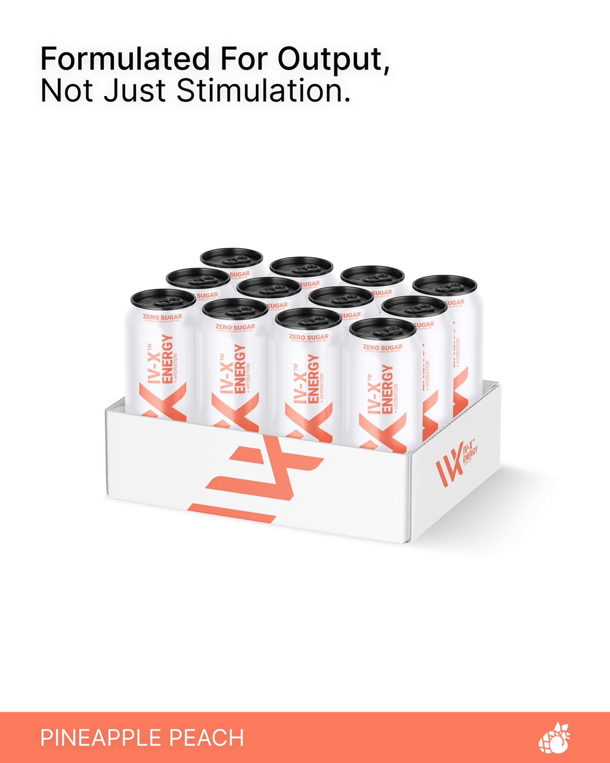 DRINK IV-X product-page design featuring a Pineapple Peach case pack and coral flavour branding.