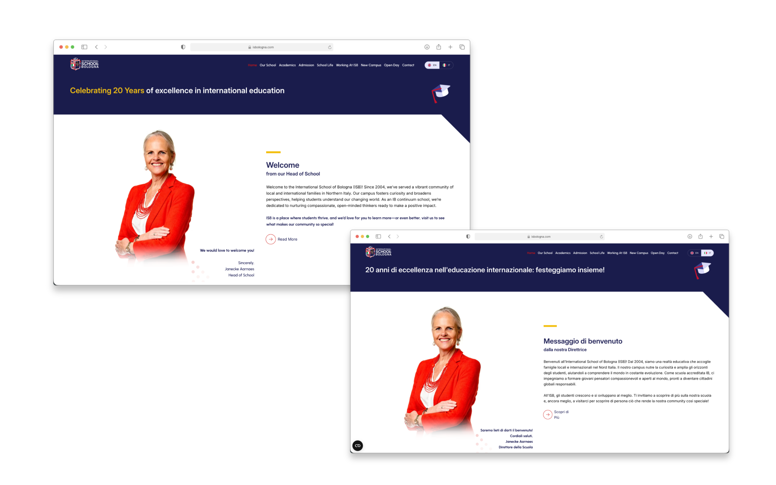 Matching English and Italian ISB homepage welcome sections in overlapping desktop browser mockups, with the EN and IT language selectors visible.
