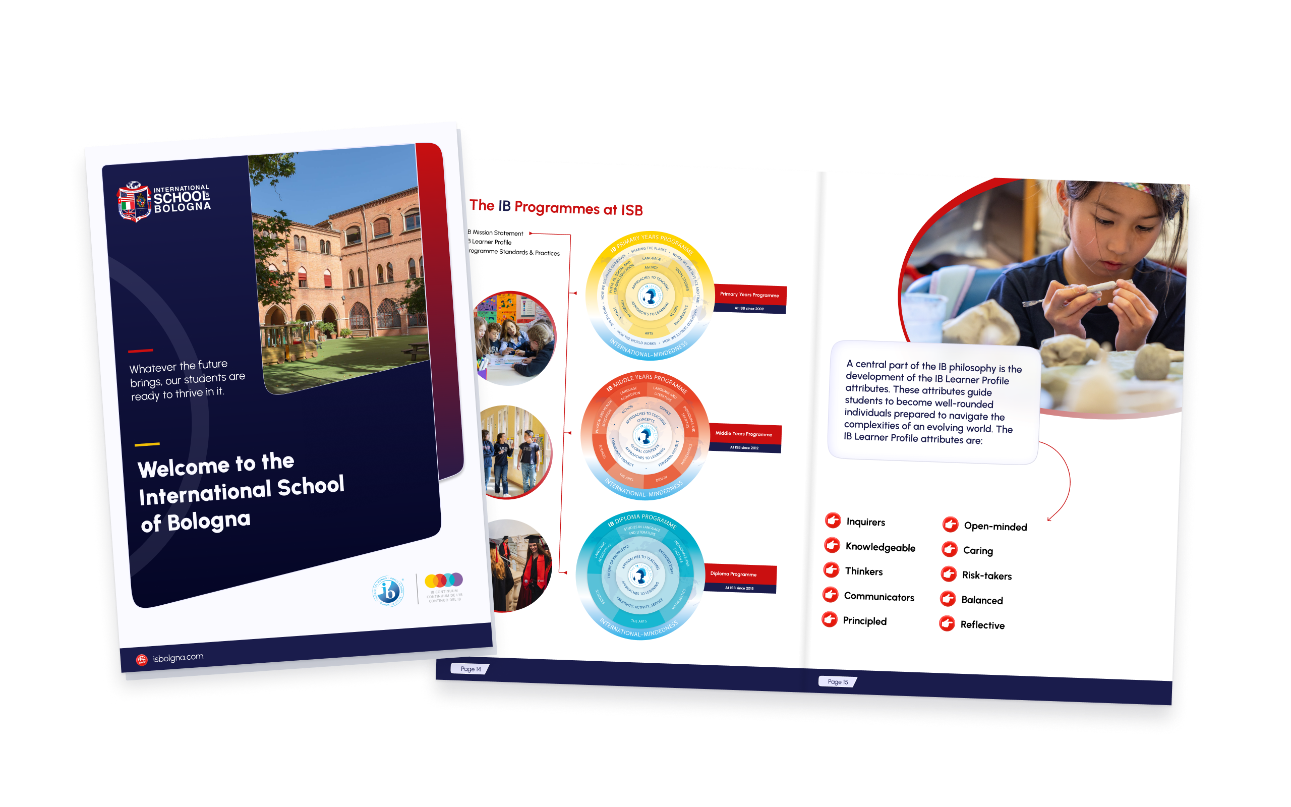 ISB school brochure cover beside an open spread showing the IB programmes and learner attributes.