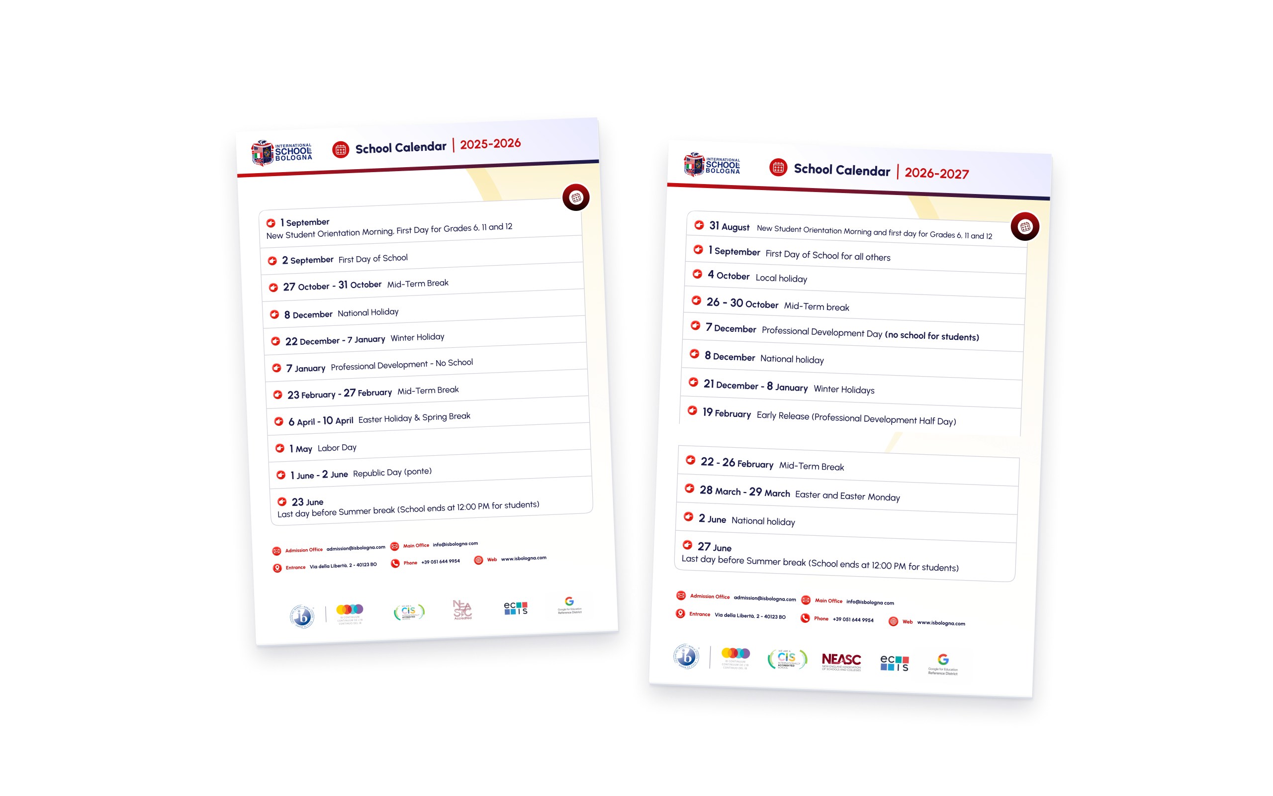 ISB school calendar designs for 2025–2026 and 2026–2027.