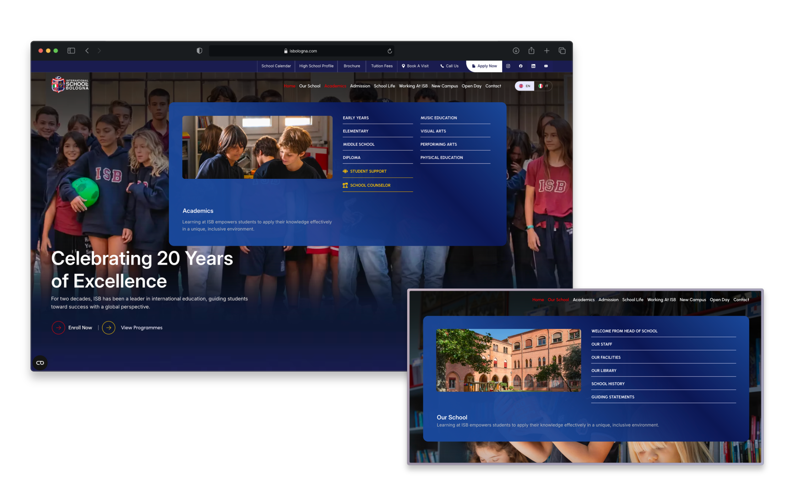 ISB desktop website with the Academics mega menu open, alongside an enlarged Our School menu.