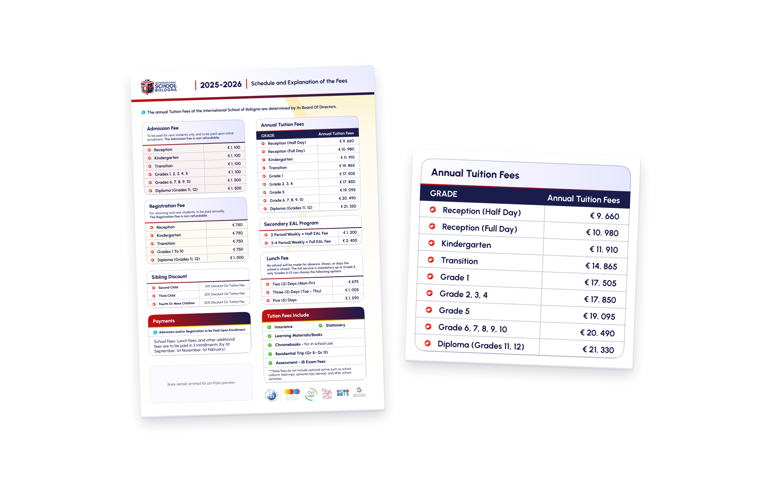 ISB fees guide with an enlarged tuition-table detail. Bank details are omitted.