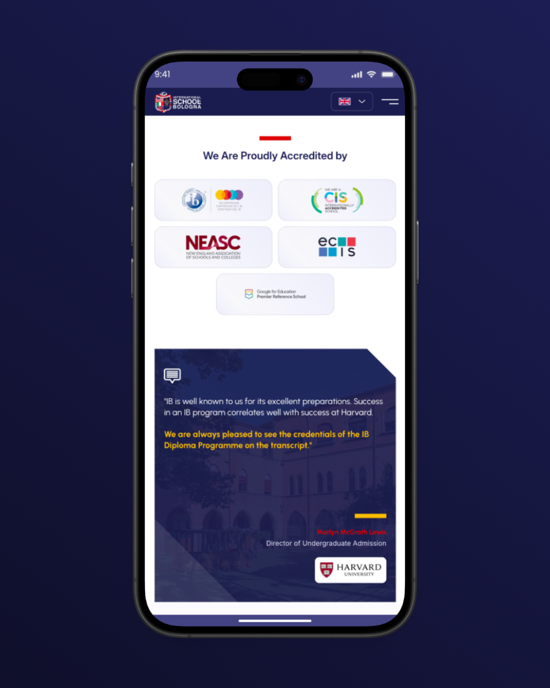 ISB mobile website displaying school accreditations and a university admissions testimonial.