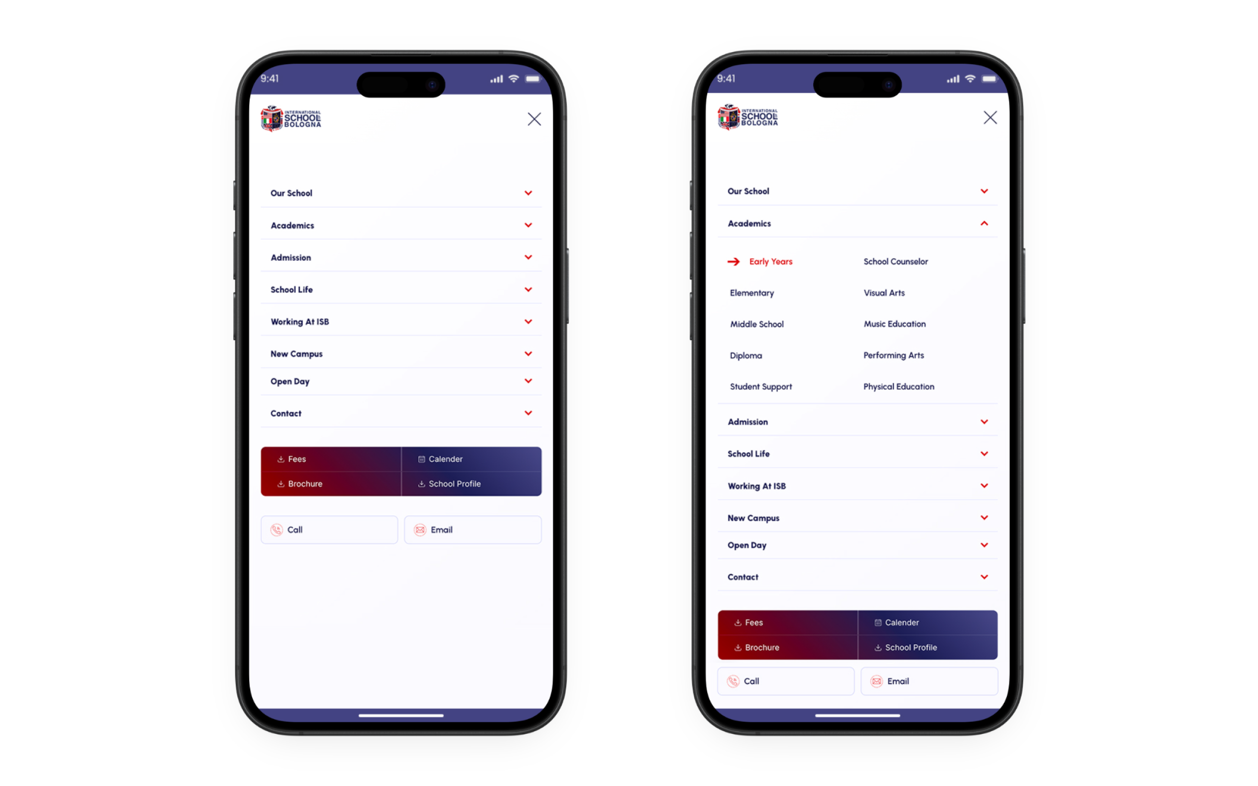 ISB mobile navigation on two phones: all menu groups collapsed on the left and Academics expanded on the right.