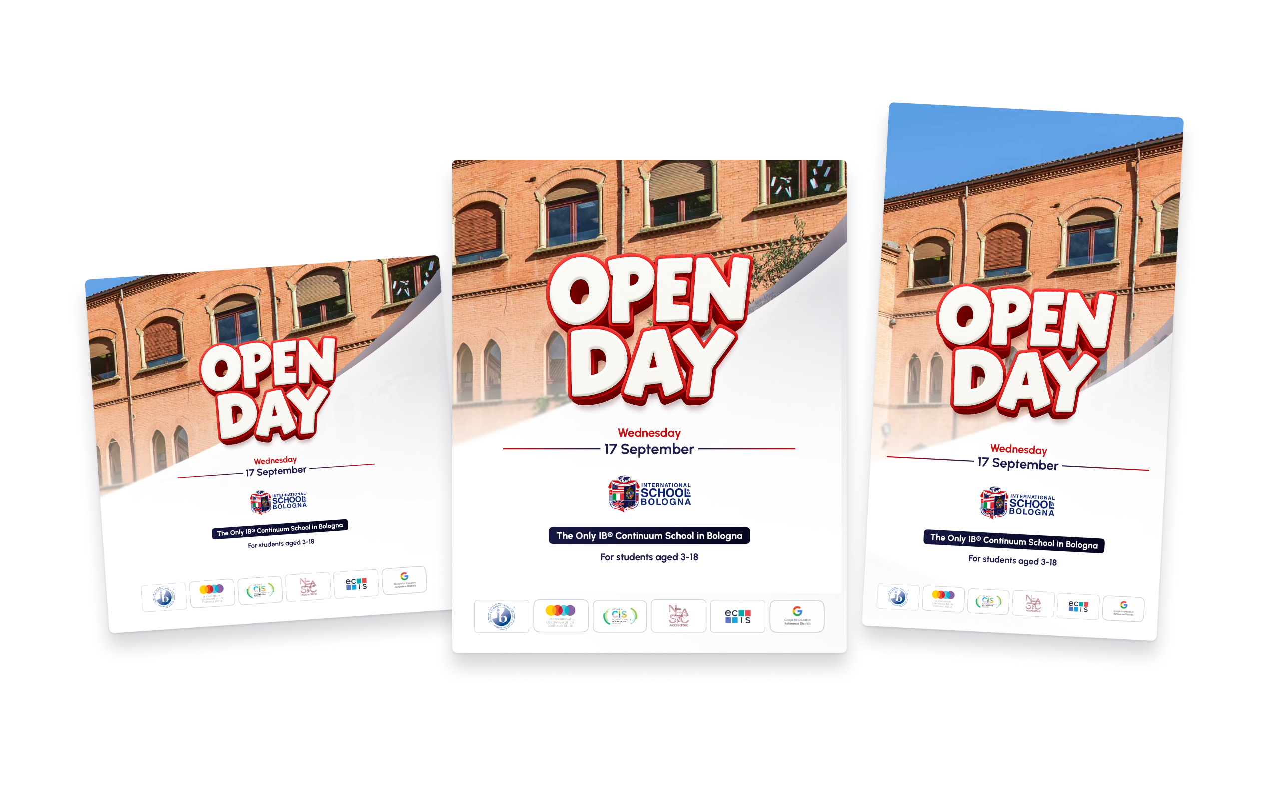 ISB Open Day campaign artwork arranged in square, portrait and Story formats.