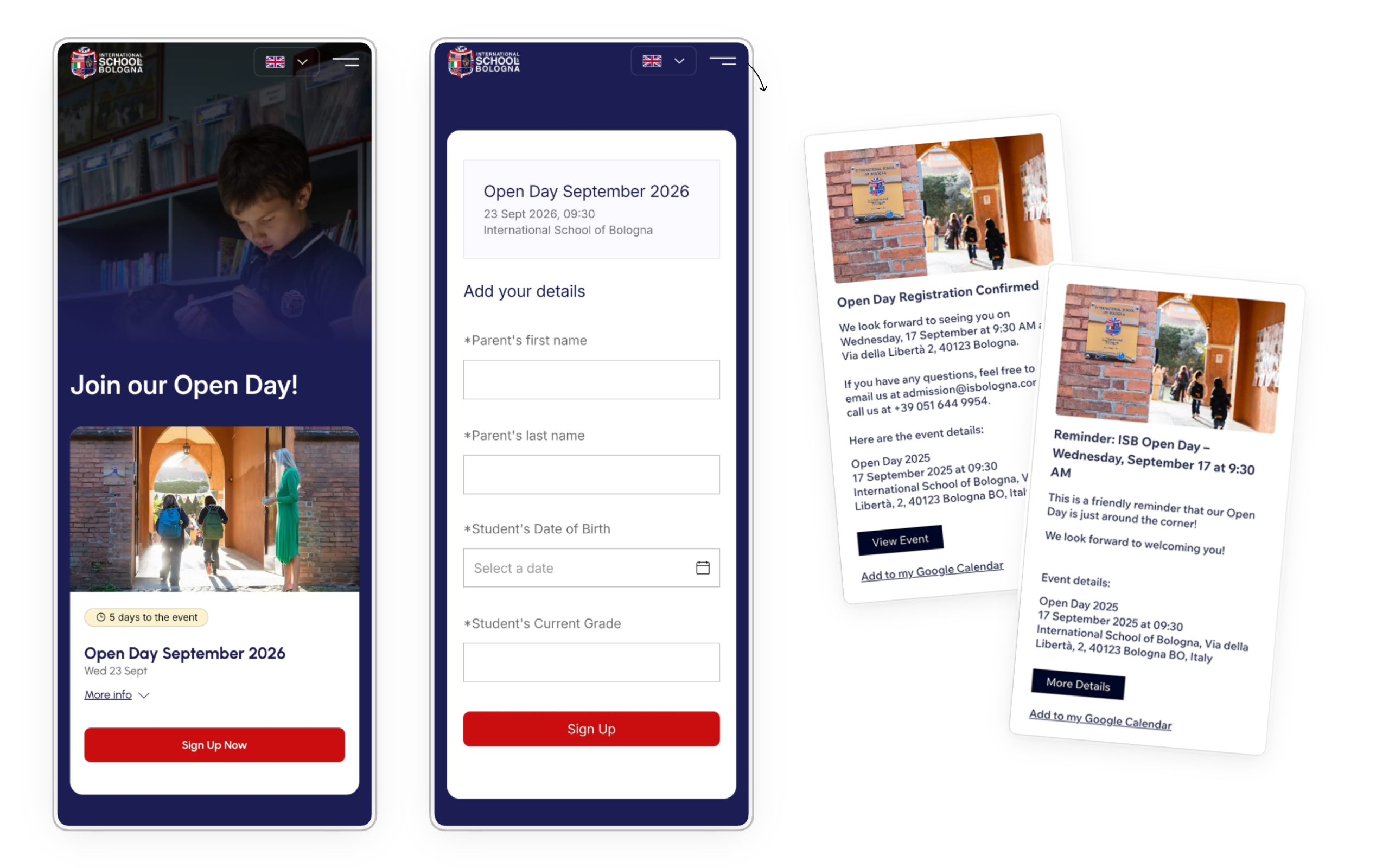 Mobile Open Day page and registration form for the International School of Bologna, alongside confirmation and reminder emails.