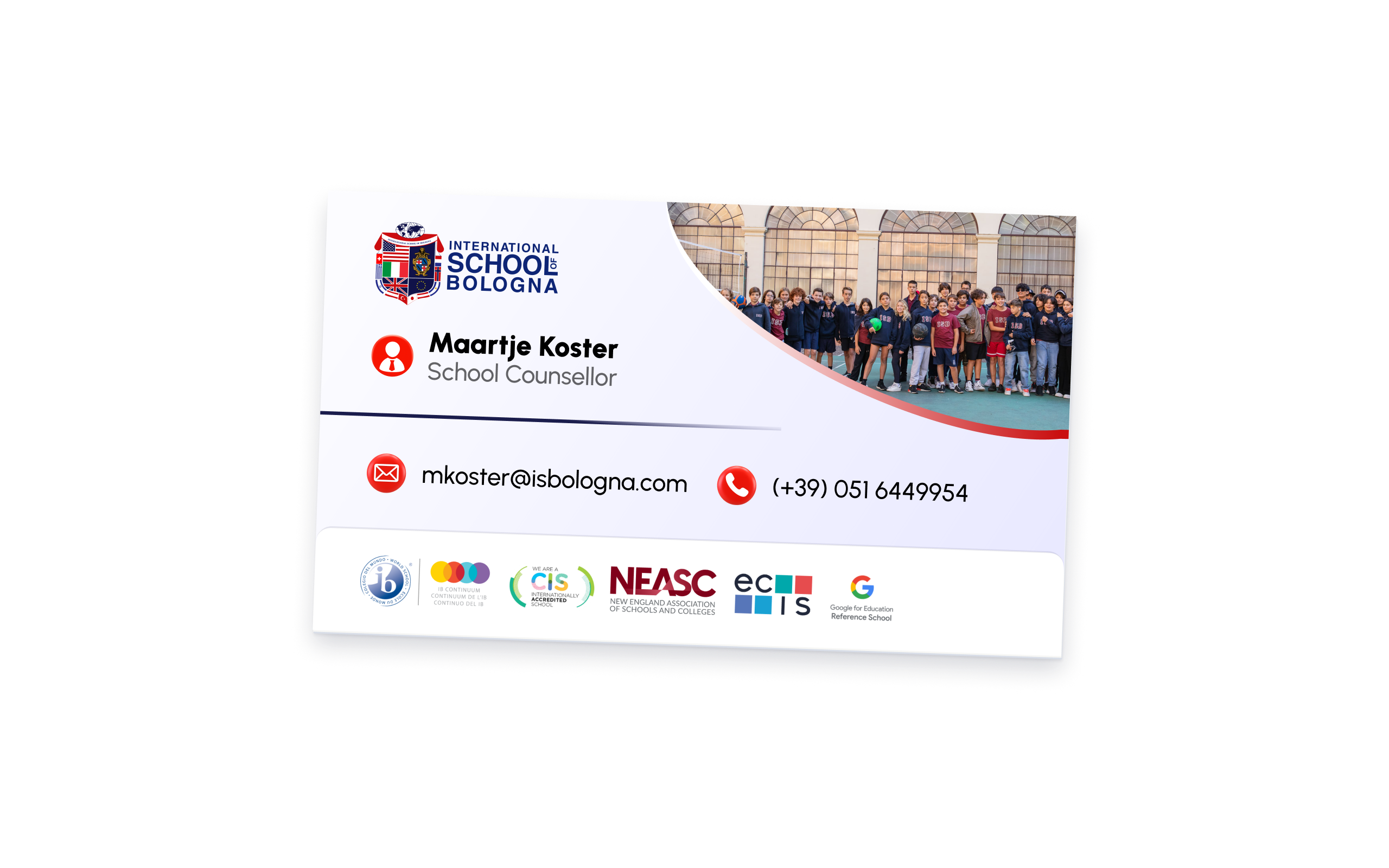 ISB school counsellor contact card with school photography, brand graphics and accreditation logos.
