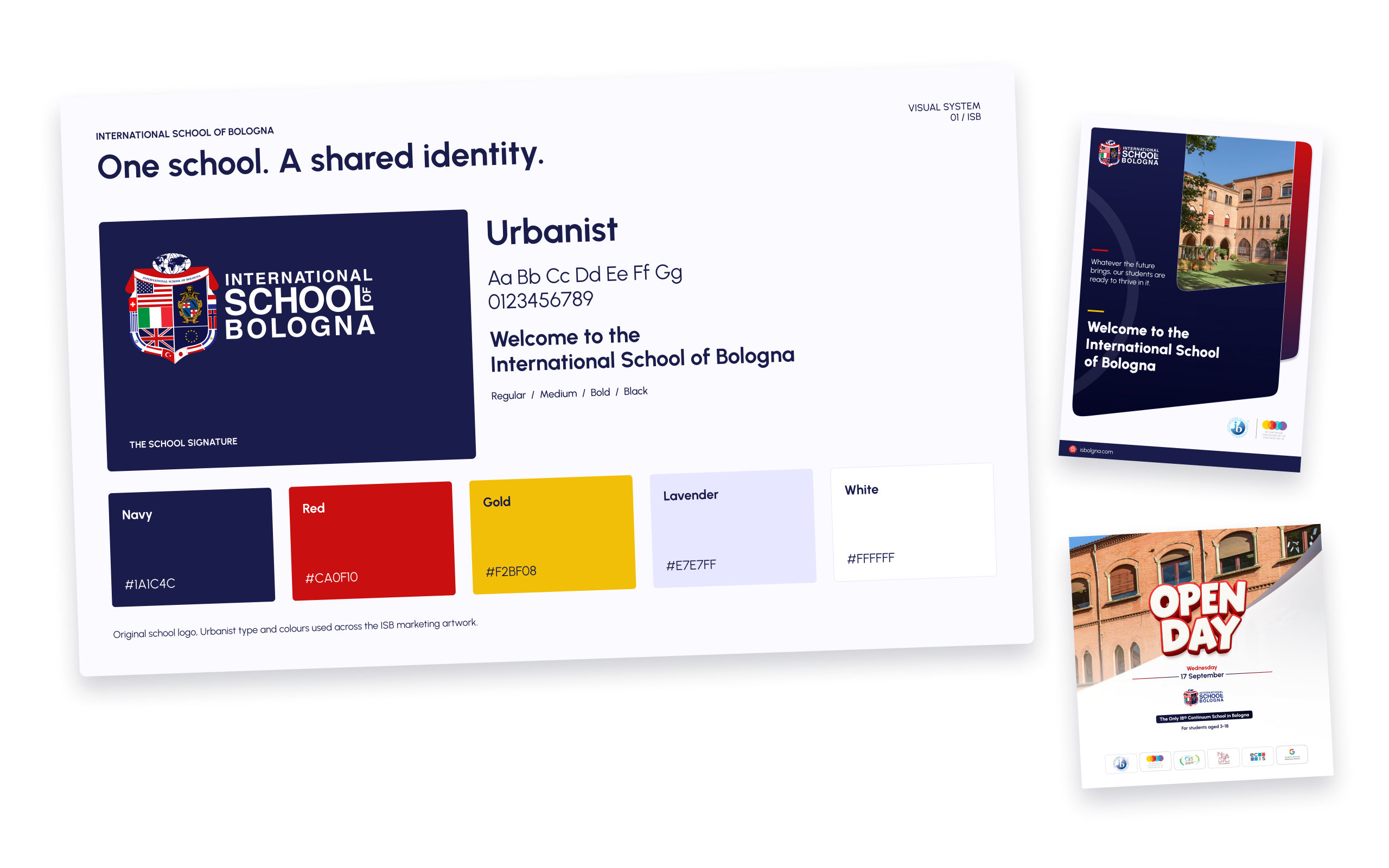 ISB visual identity board with the original school logo, Urbanist typography and navy, red, gold, lavender and white palette, beside brochure and Open Day artwork.