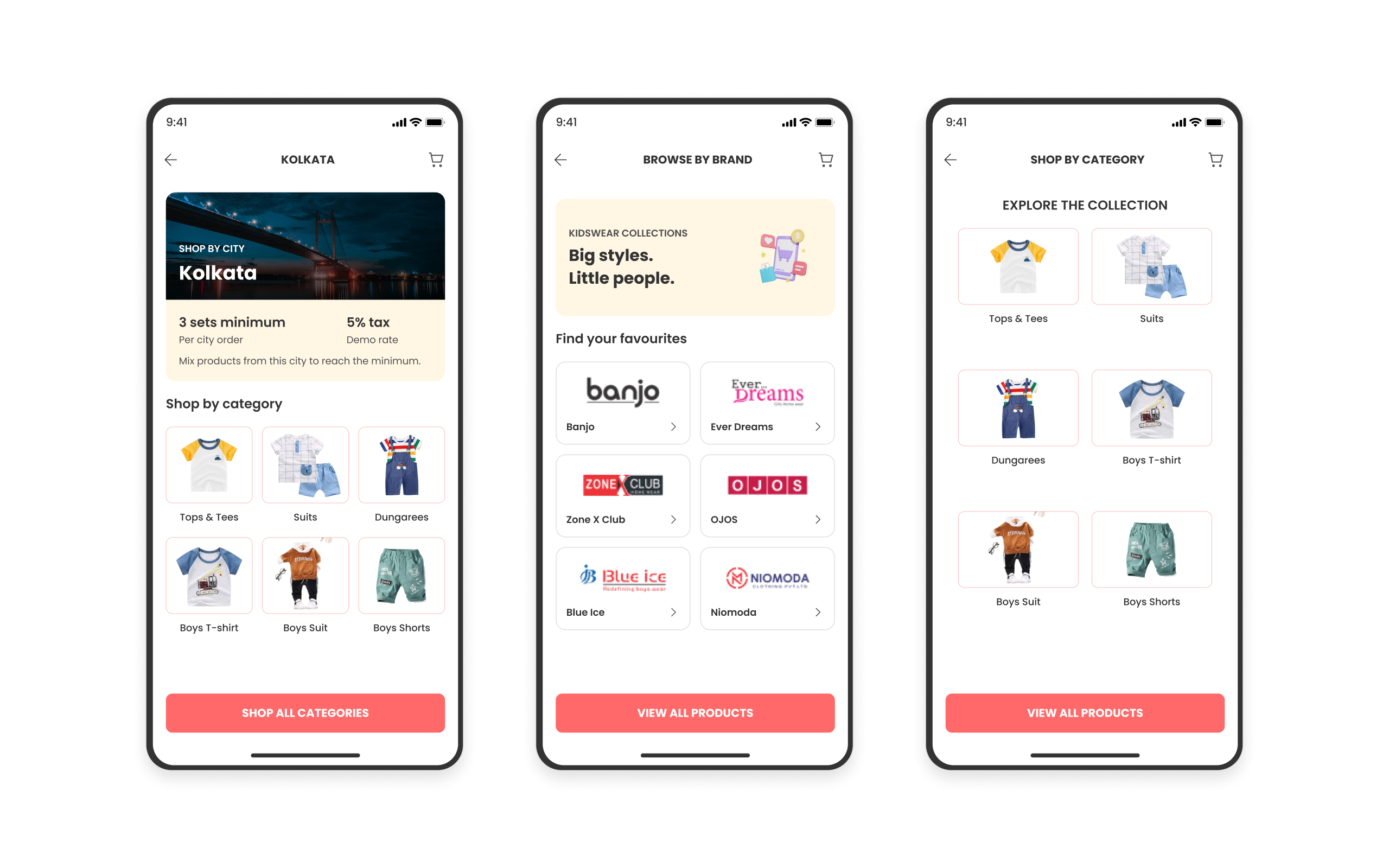 Refined Kidcity city, brand and category screens with an integrated Kolkata minimum-order banner and a consistent brand directory.