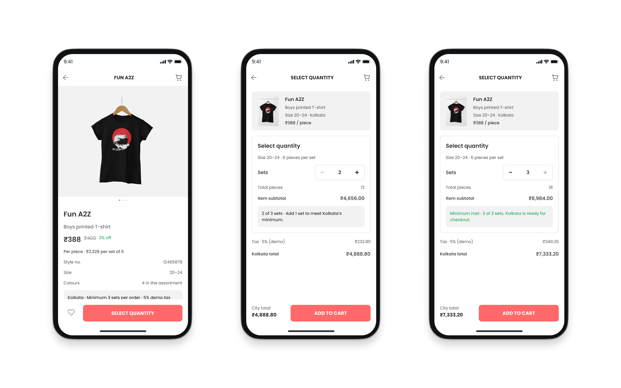 Kidcity product details, two selected sets below the city minimum, and three sets meeting the minimum.