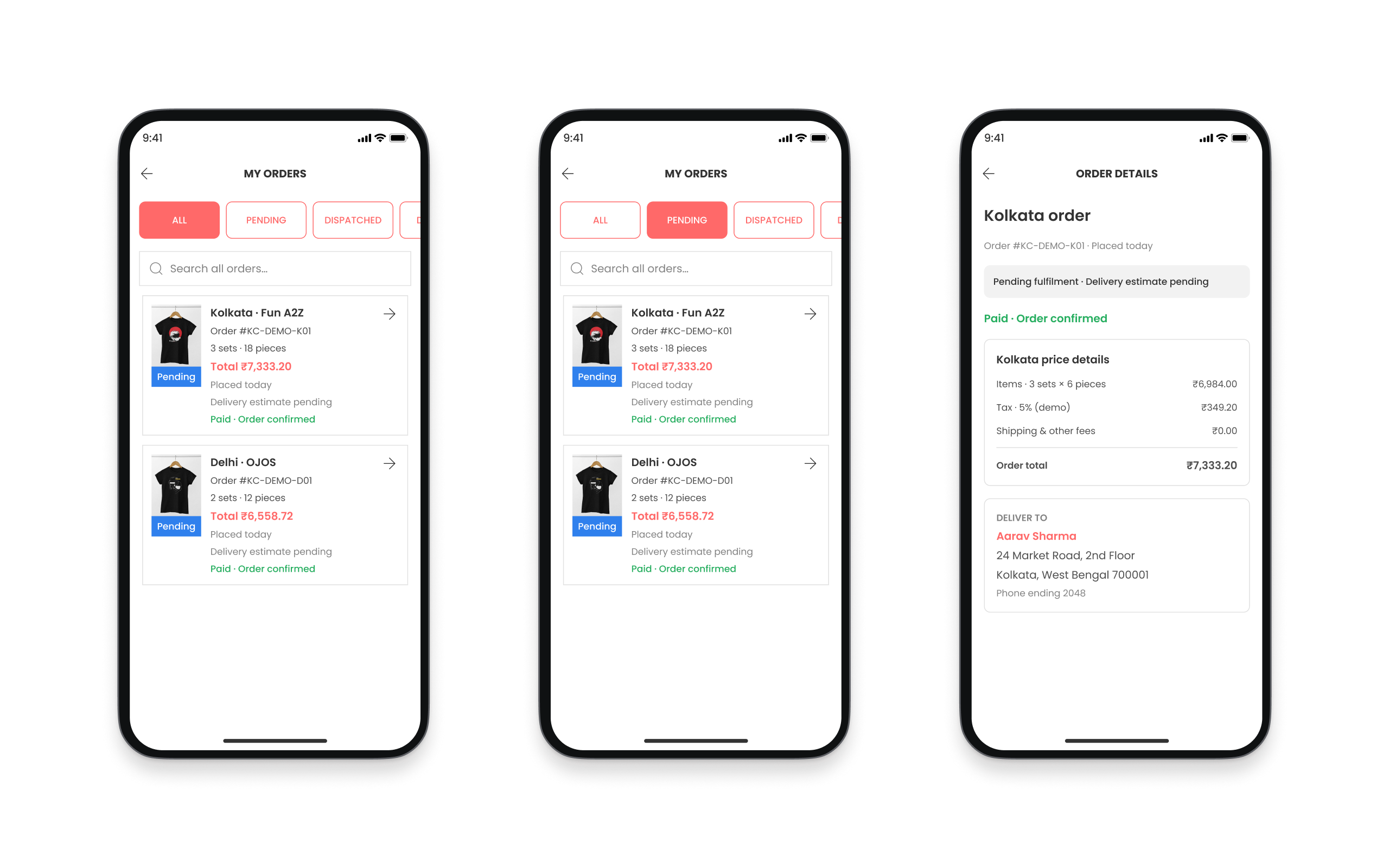 Kidcity All and Pending order lists beside an order detail screen with separate fulfilment and payment status.