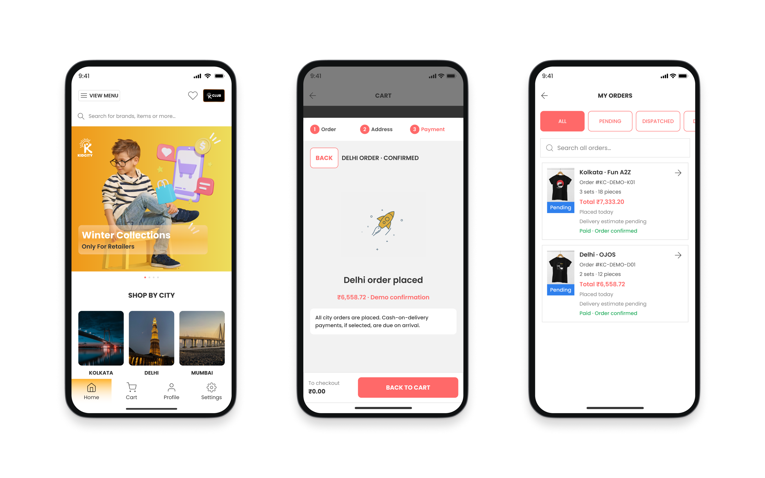 Kidcity homepage, a simulated city-order confirmation and the My Orders screen.