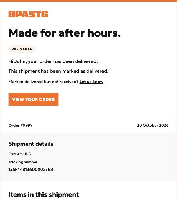 NinePastSix delivery notification with the Delivered heading and order information.