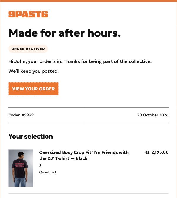 NinePastSix order confirmation with the orange logo, Order Received heading and order status button.