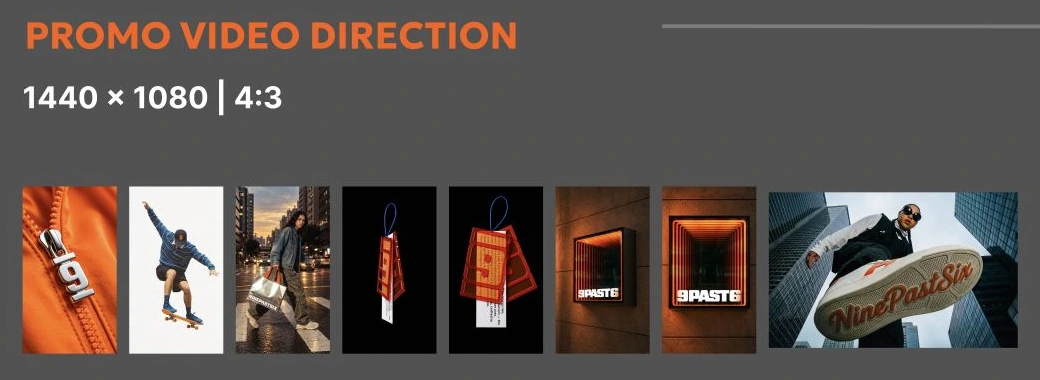 NinePastSix's Figma campaign direction board: orange zipper, skateboarder, city model, keychain, illuminated wordmark and branded sole scenes.
