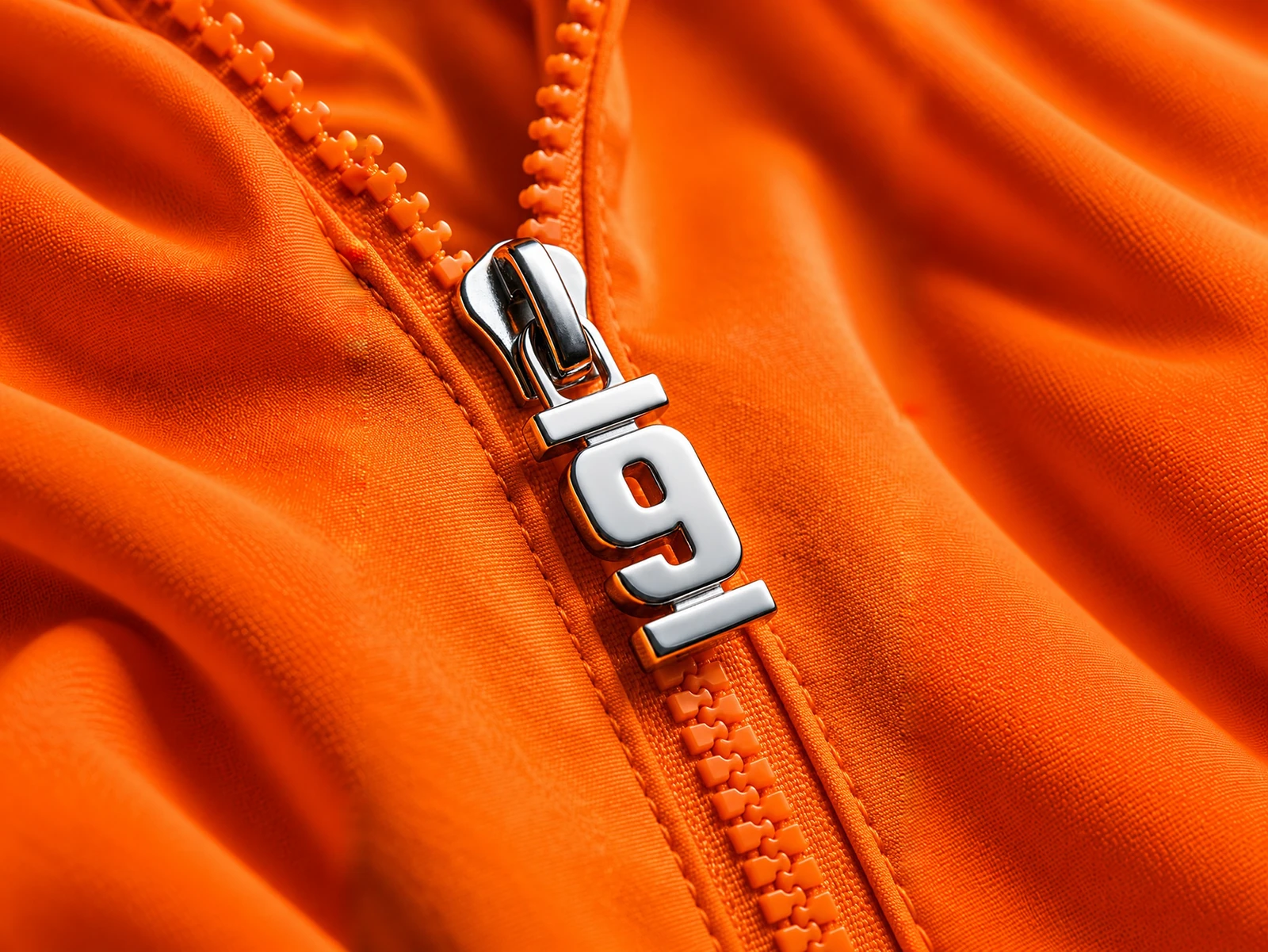 NinePastSix social artwork with a silver brandmark zipper on vivid orange fabric.
