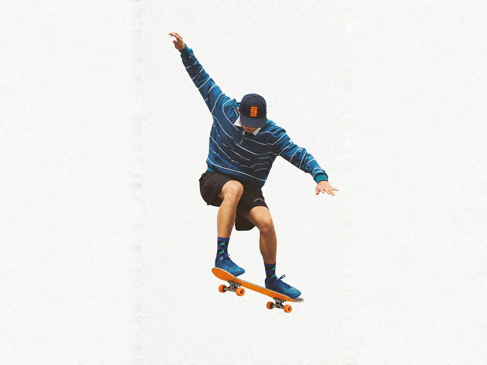 NinePastSix social artwork showing a skateboarder suspended in motion against a light background.