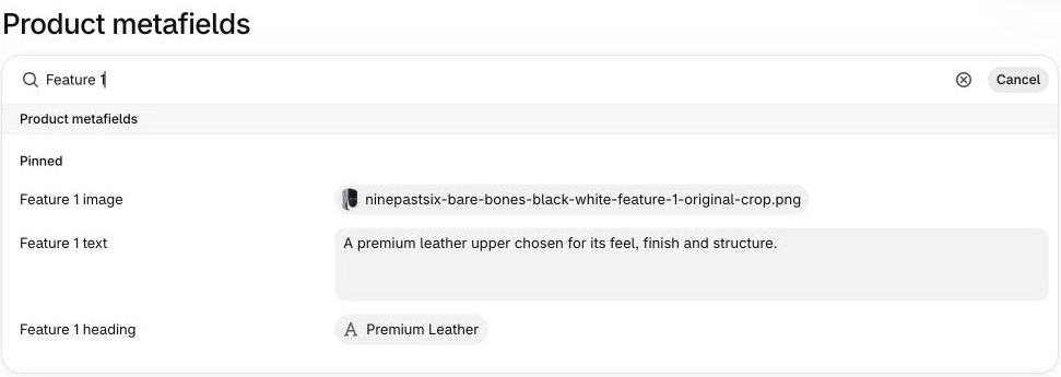 Shopify product metafields: Feature 1 image, Feature 1 text with the leather description, and Feature 1 heading set to Premium Leather.