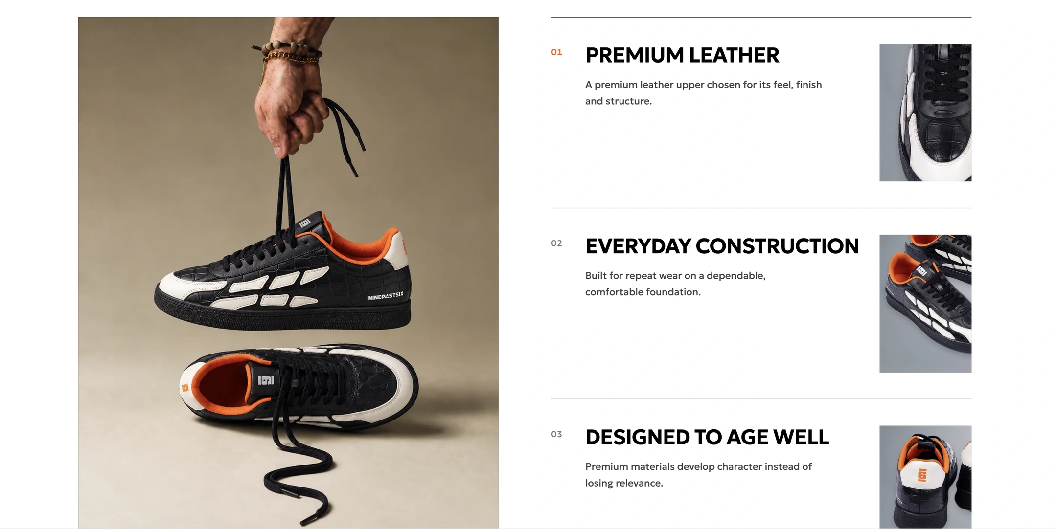 The connected Blackout product story shows Premium Leather with the same description and detail photograph.
