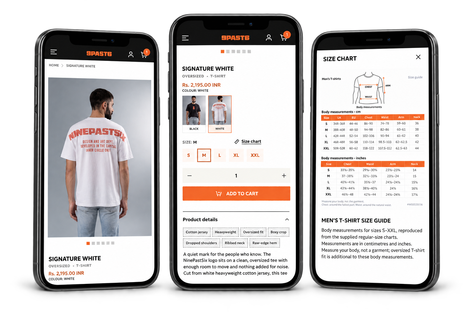 Three graphite phone mockups show the Signature White product gallery, colour and size selection, and the garment size guide.
