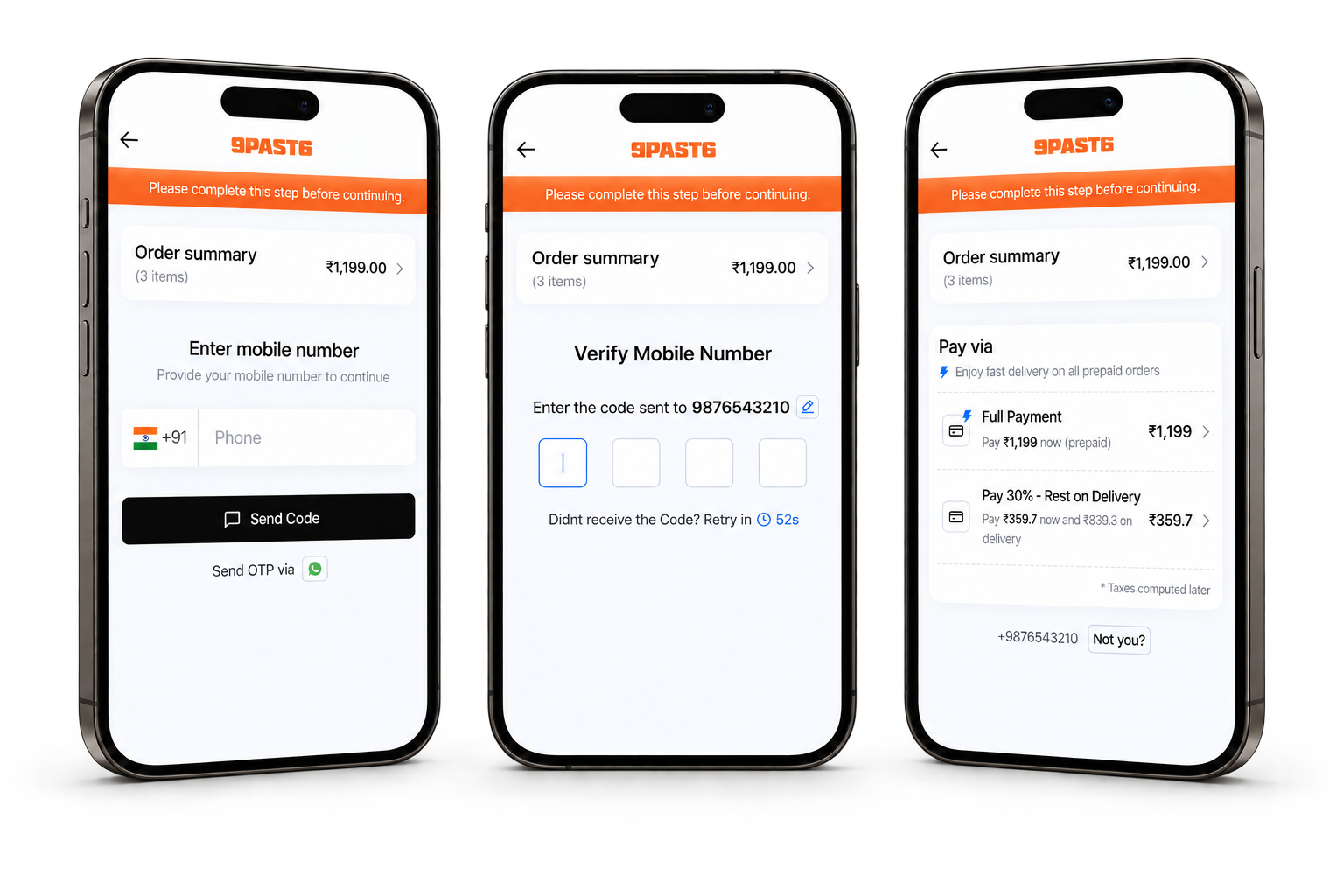 Three graphite phone mockups show phone number entry, WhatsApp code confirmation, and the choice between full payment and a 30 percent advance.