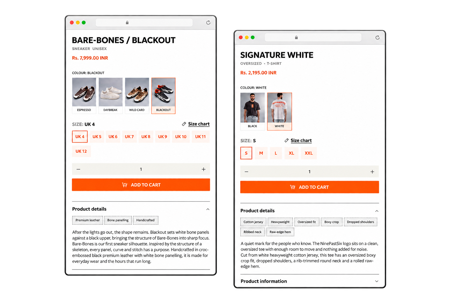 Two floating browser mockups show the Blackout sneaker and Signature White T-shirt, each with its own colours, sizing and product details.