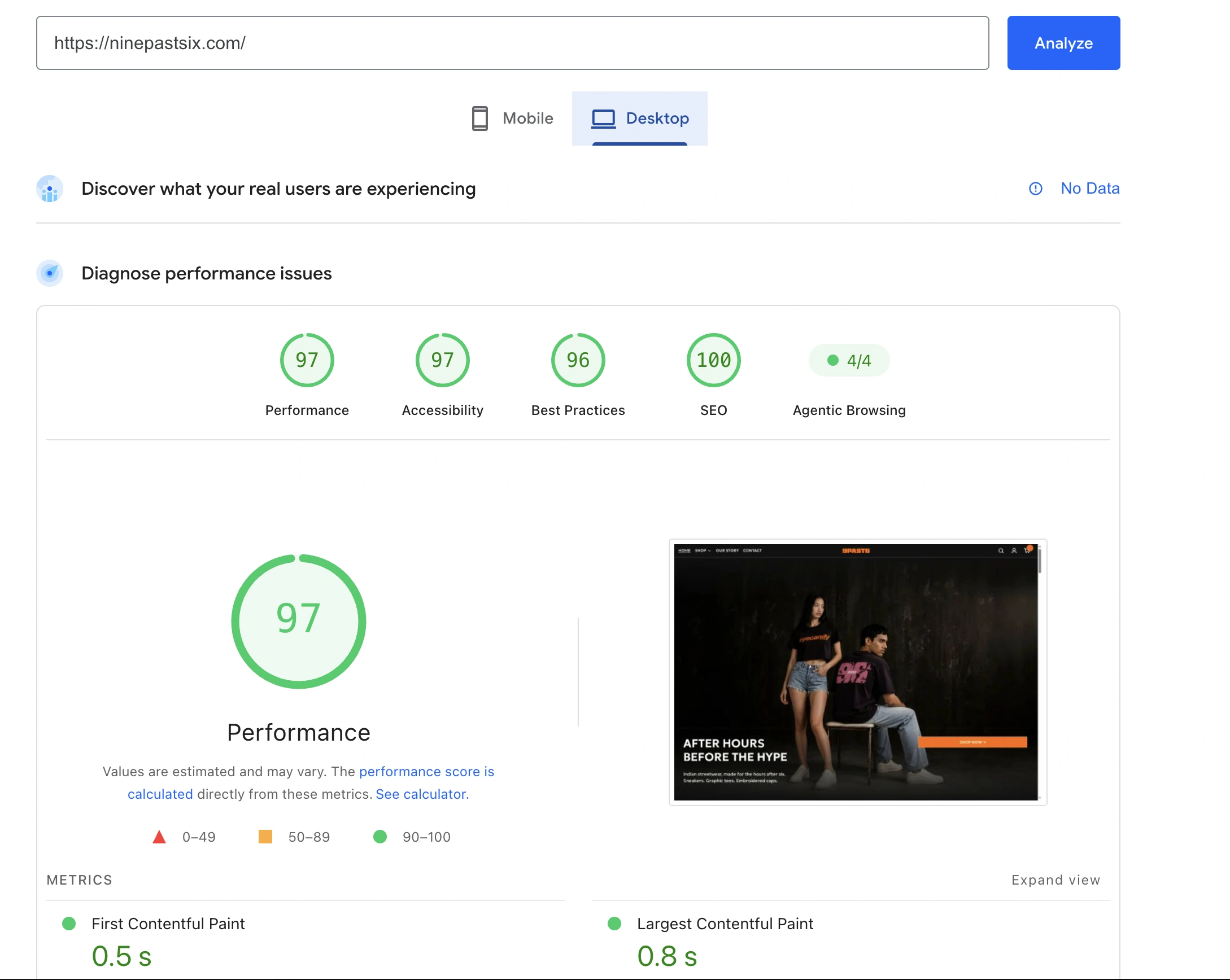 Original Google PageSpeed Insights desktop screenshot supplied from 13 October 2026. Performance 97, Accessibility 97, Best Practices 96 and SEO 100. First Contentful Paint 0.5 seconds, Largest Contentful Paint 0.8 seconds. Real-user field data unavailable.