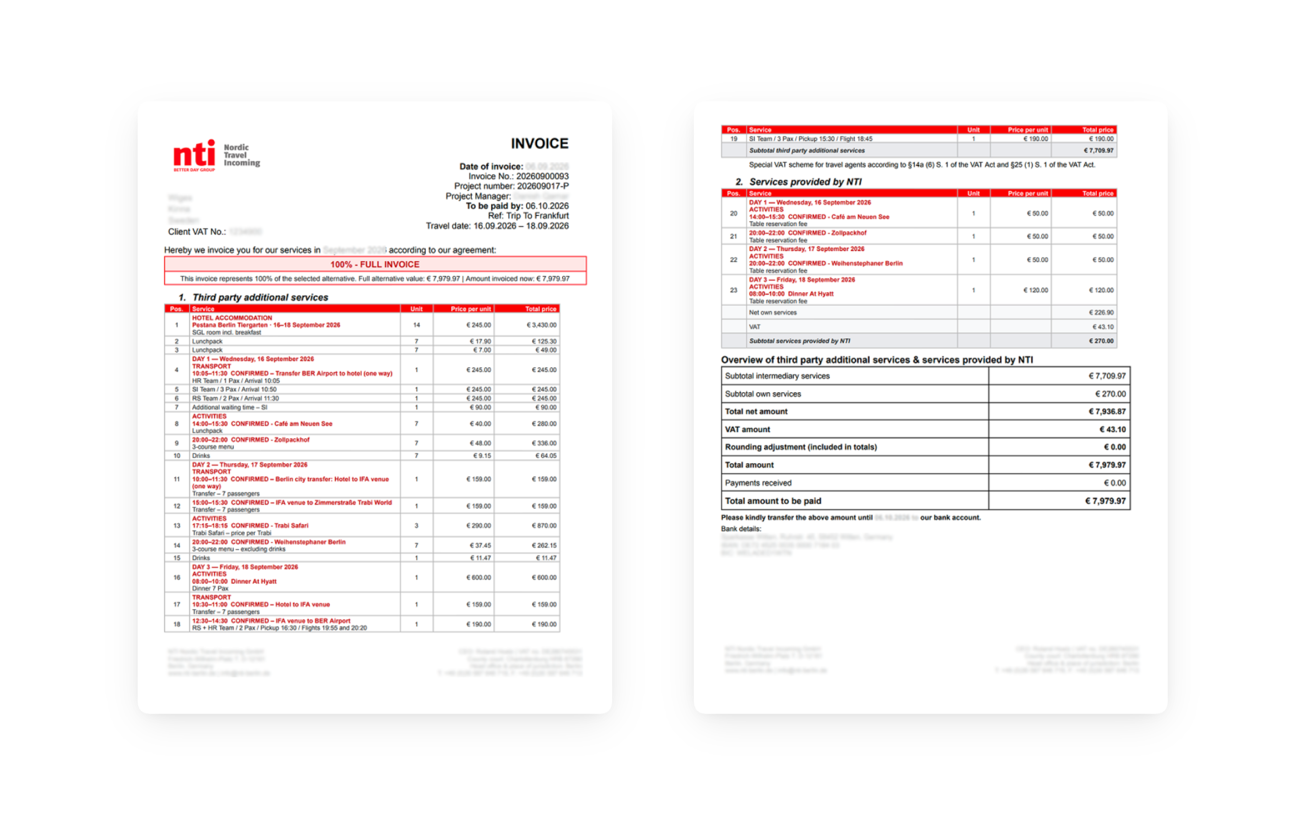 Two-page NTI invoice with itemized travel services, separate NTI fees, VAT and a payment summary.