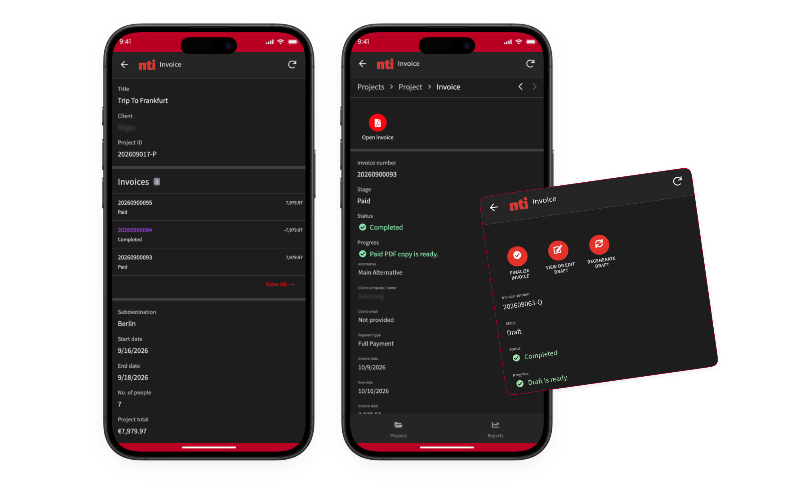 NTI mobile invoice workflow showing project invoices, payment status and controls for reviewing and finalizing an invoice draft.