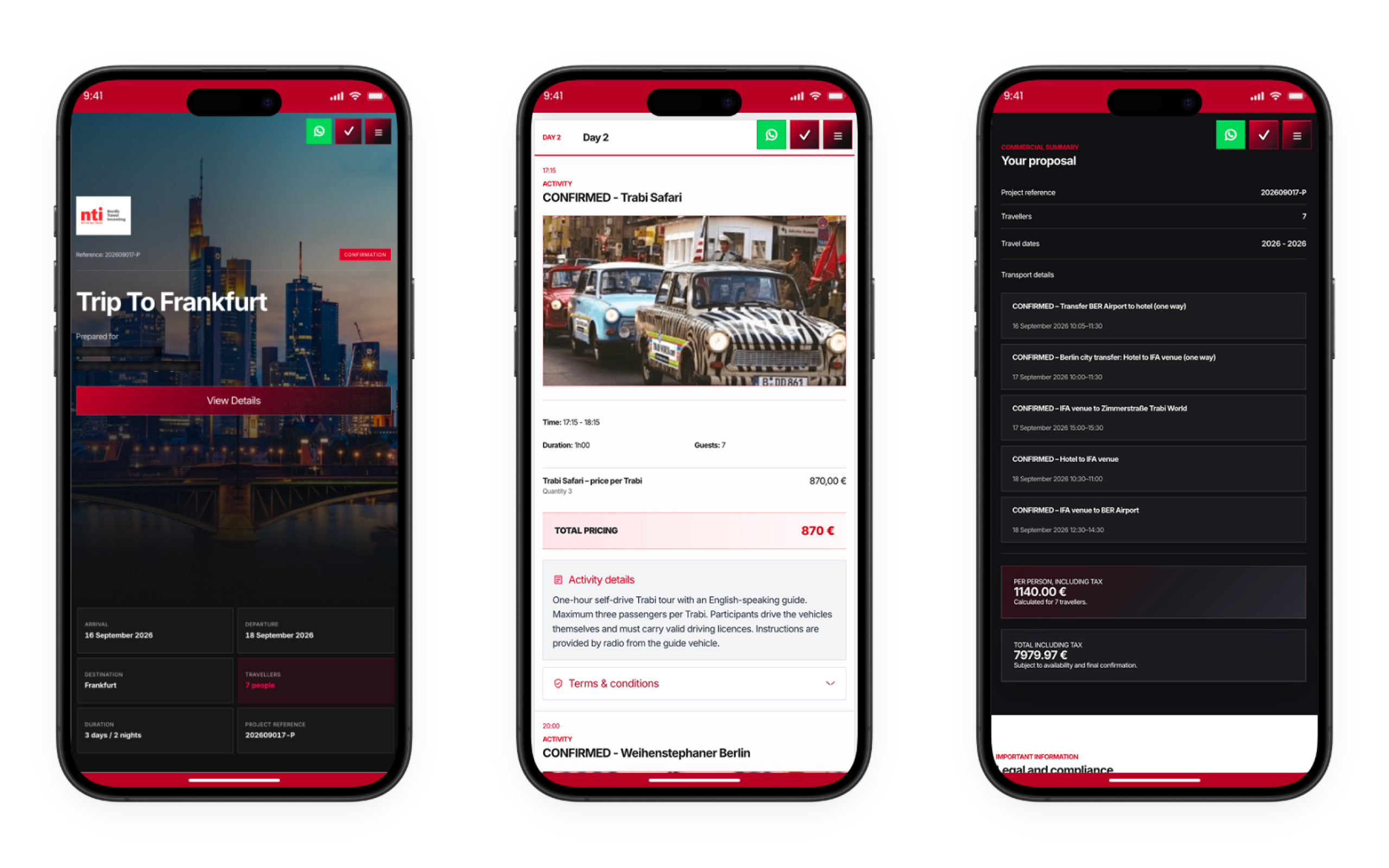 Three mobile views of the NTI proposal showing the trip overview, activity details and commercial summary.