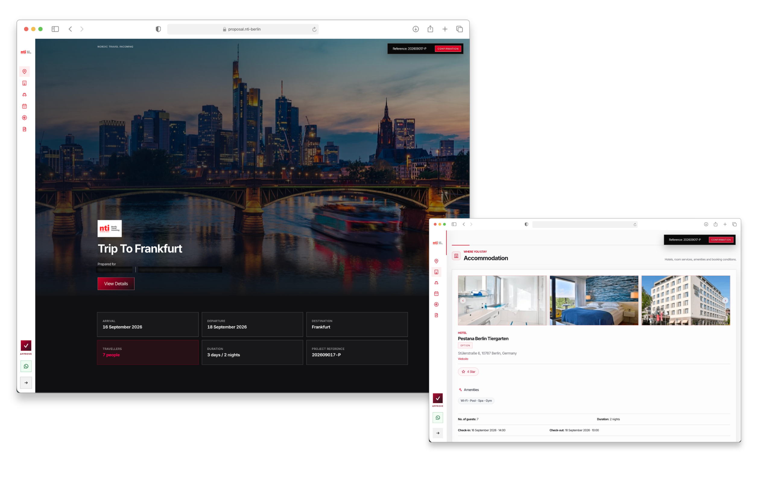 NTI desktop travel proposal showing the Frankfurt trip overview and accommodation details.