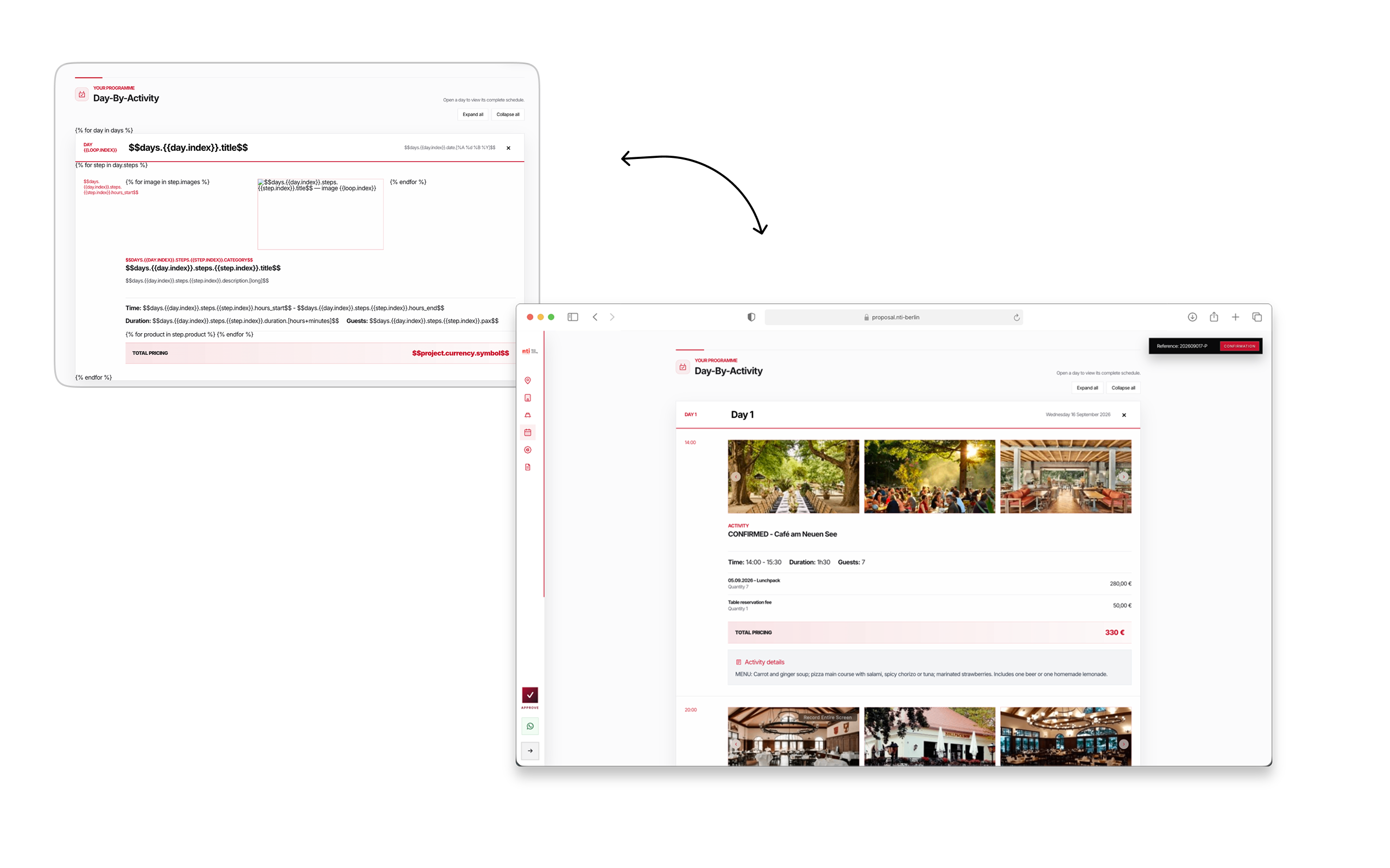 NTI itinerary template beside the populated desktop day-by-day activity view.