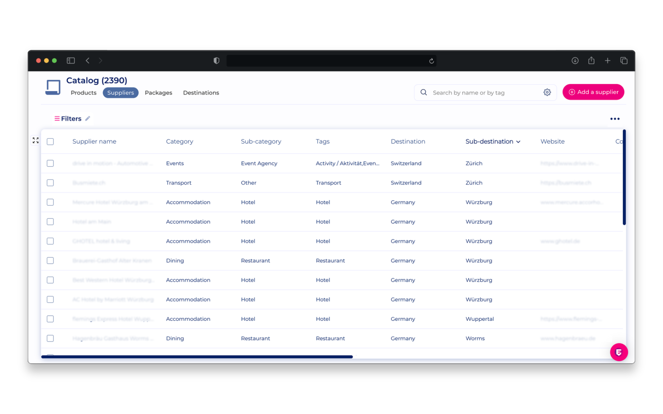NTI supplier catalogue organised by category, tags and destination, with search and filtering controls.