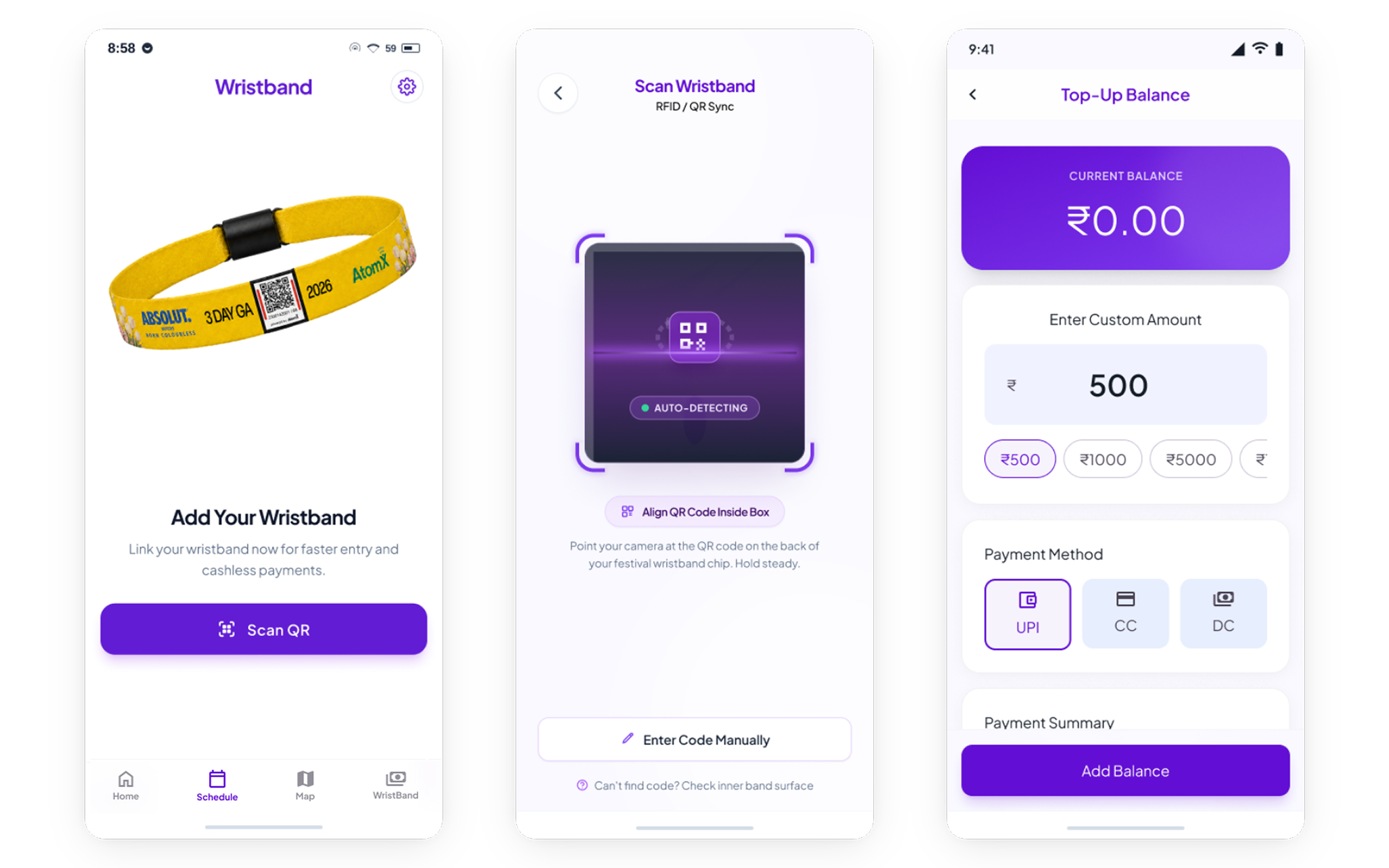 Festival app screens for adding a wristband, scanning its QR code, and topping up a cashless balance.