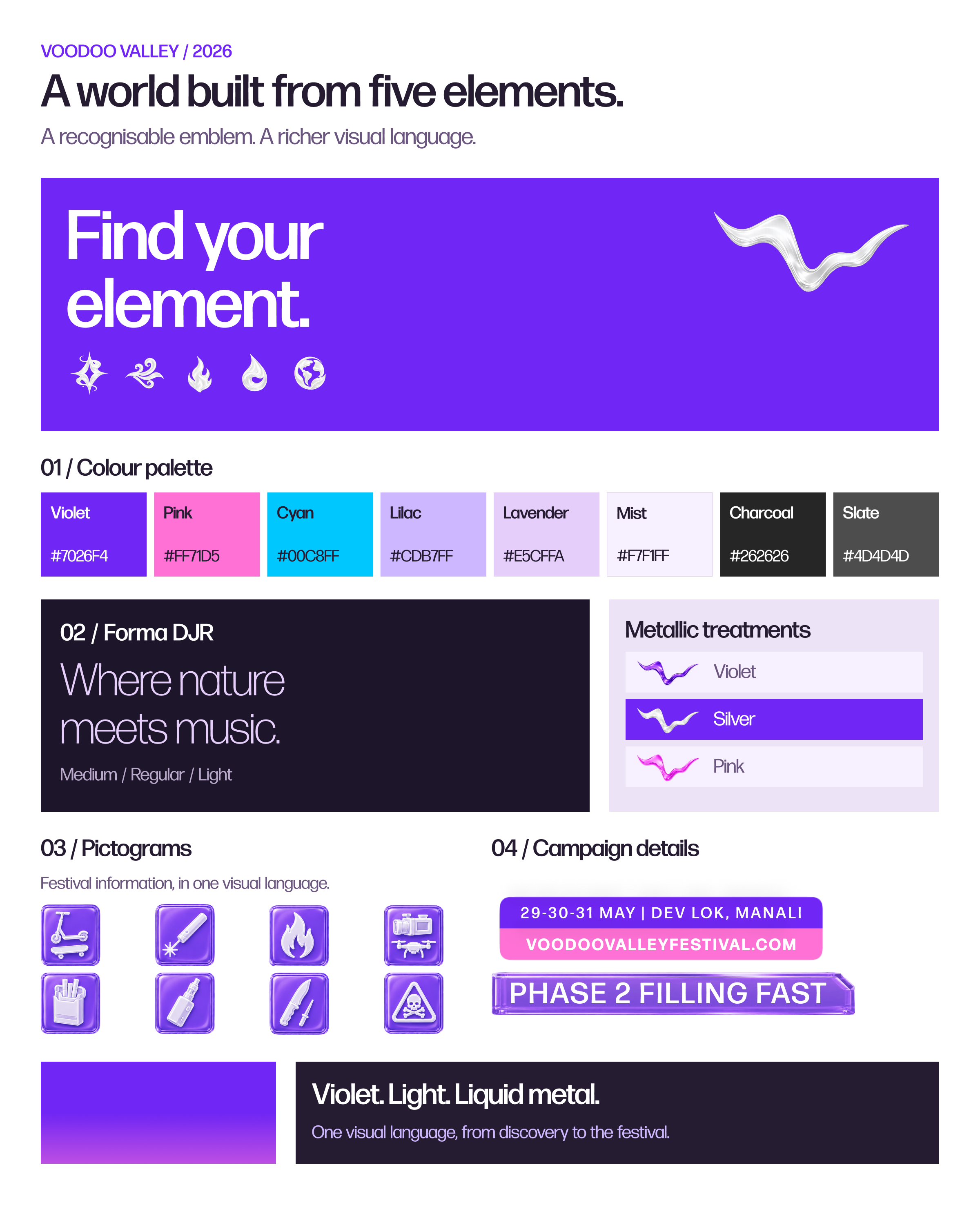 Voodoo Valley 2026 identity system with the violet palette, Forma DJR typography, metallic emblem treatments, elemental symbols, pictograms and campaign labels.