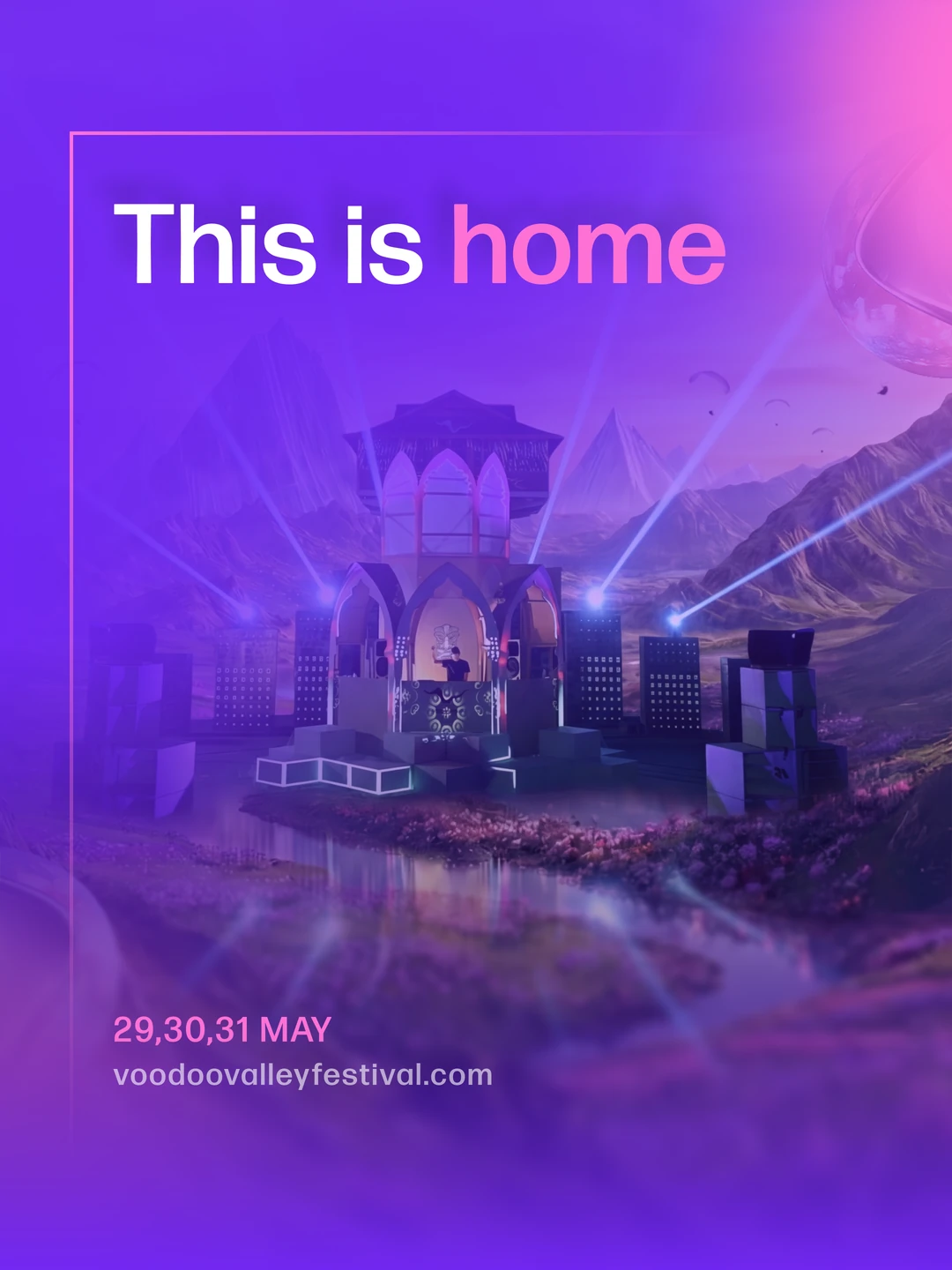 This is home festival campaign artwork with a stage set in a violet mountain landscape.